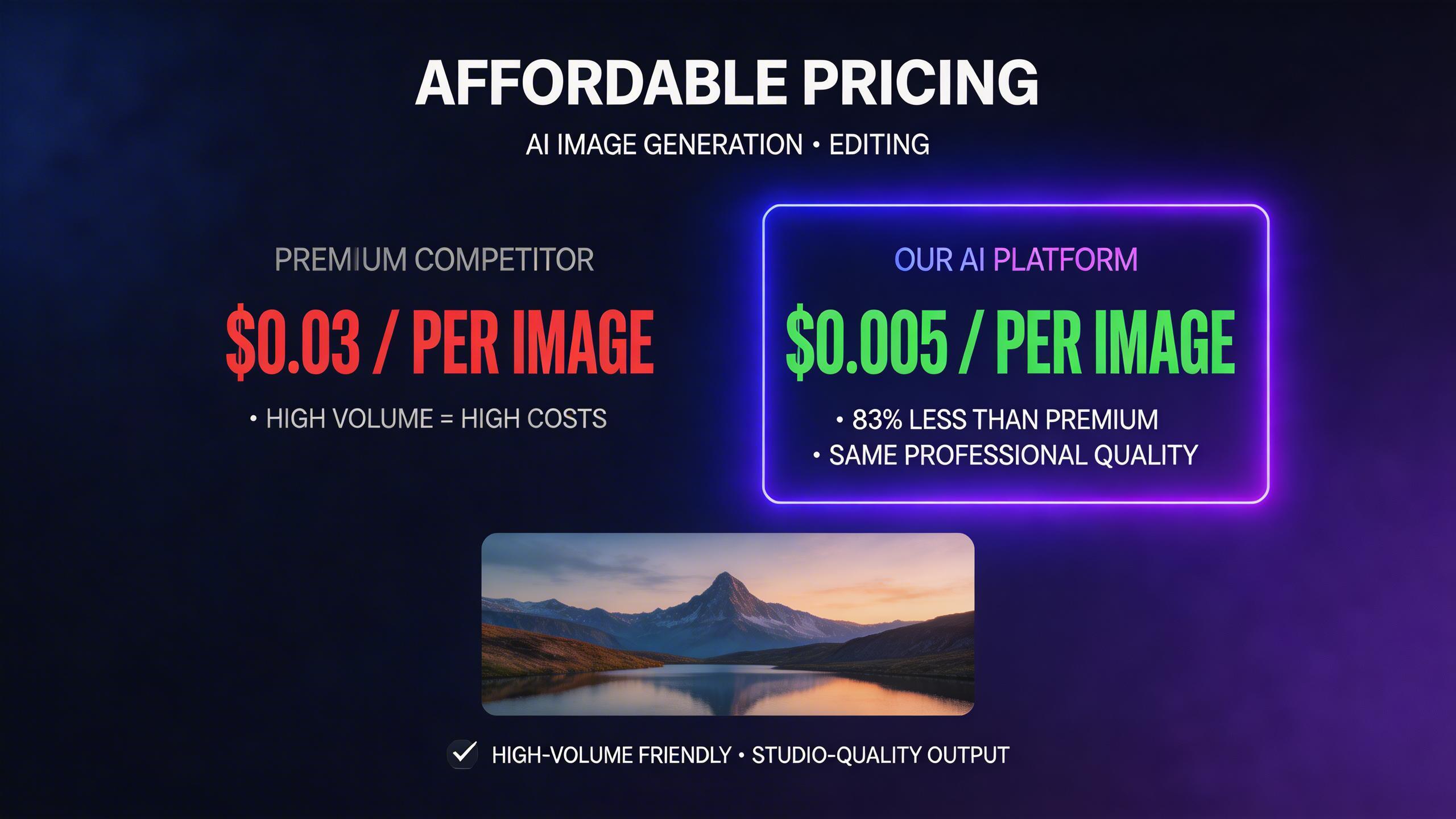 Affordable Pricing. One of the most cost-effective AI image generators available. Generate professional-quality images at a fraction of the cost of premium models — ideal for...