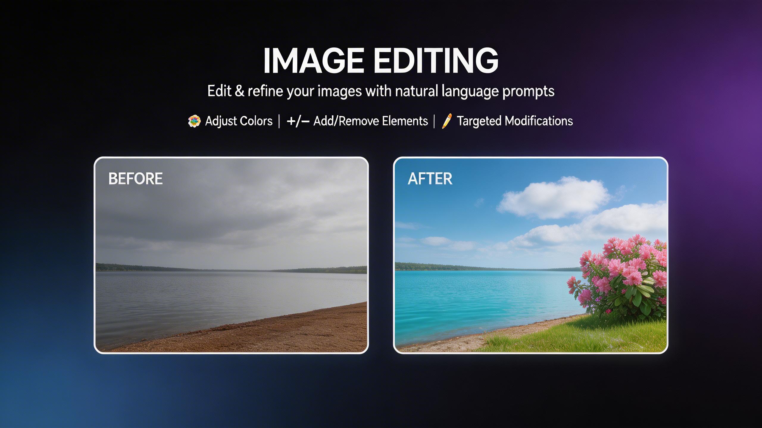 Image Editing. Edit and refine your images with targeted modifications. Adjust specific areas, change colors, add or remove elements — all guided by natural language prompts.