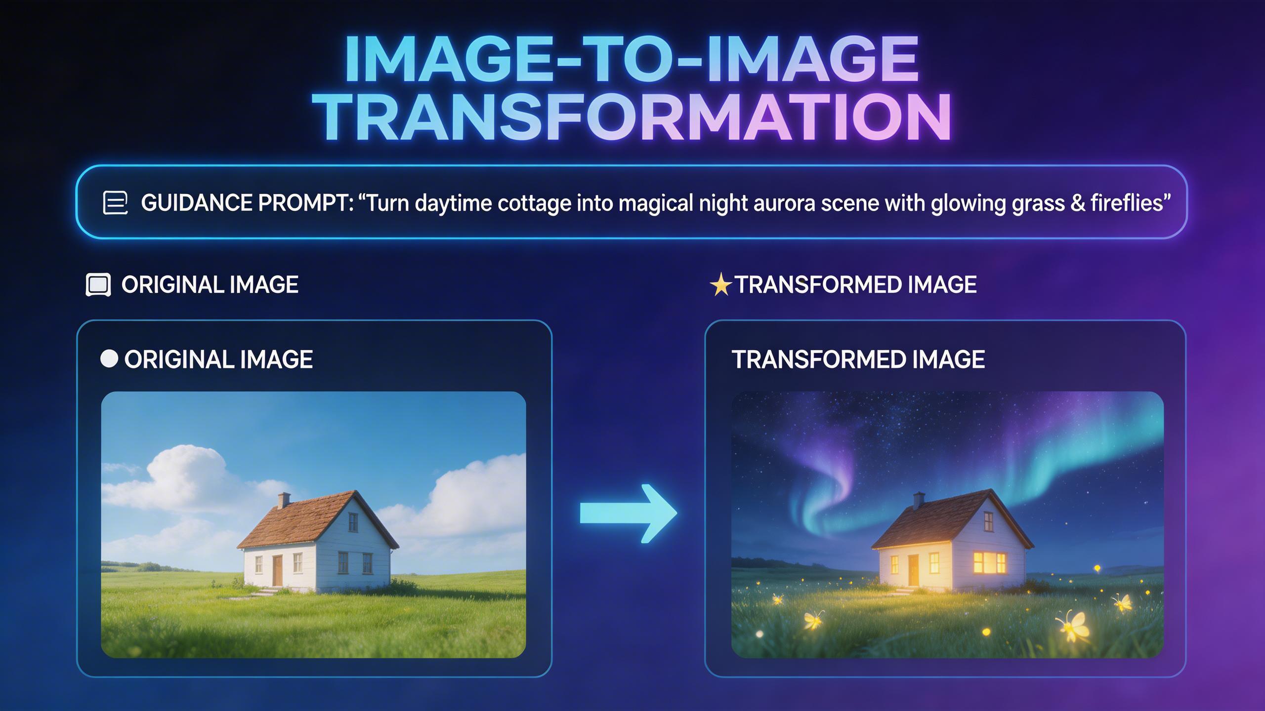 Image-to-Image Transformation. Upload an existing image and transform it with text guidance. Modify styles, add elements, change lighting, or reimagine the entire scene while...
