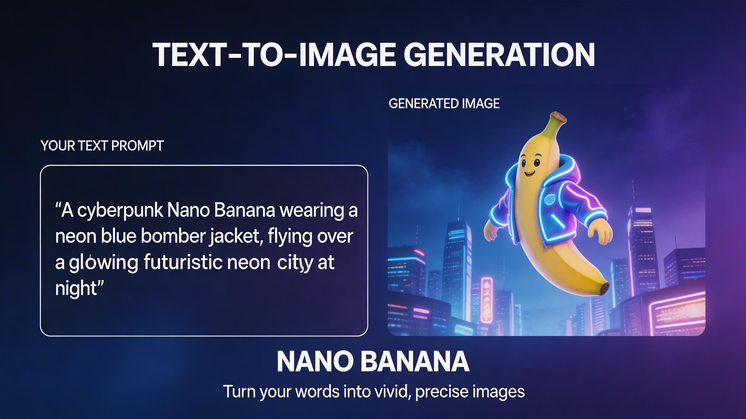 Text-to-Image Generation. Transform text descriptions into vivid images. Describe any scene, character, or concept and Nano Banana will generate it with accurate prompt...