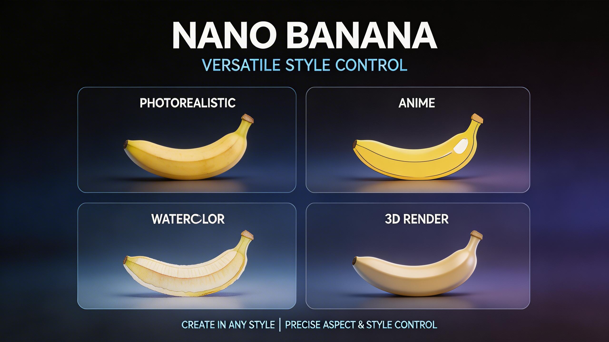 Versatile Style Control. From photorealistic to anime, watercolor to 3D render — Nano Banana adapts to any artistic style. Flexible aspect ratios and style control let you...