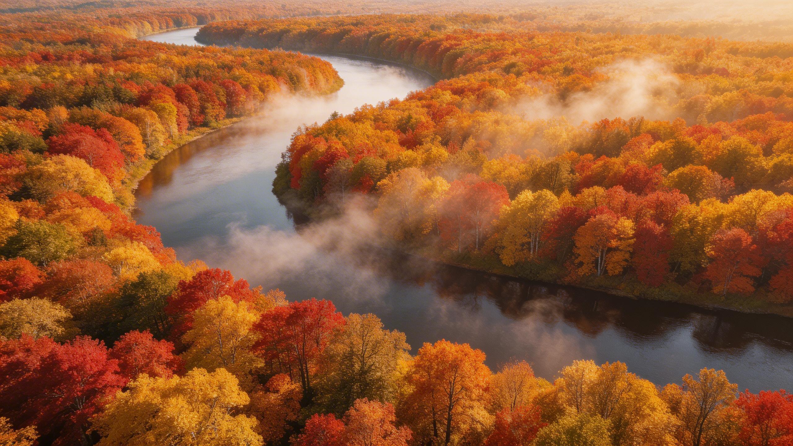 Good: Clear Composition. Aerial view of a winding river through autumn forest, red and gold foliage, morning mist rising from the water surface, National Geographic quality,...