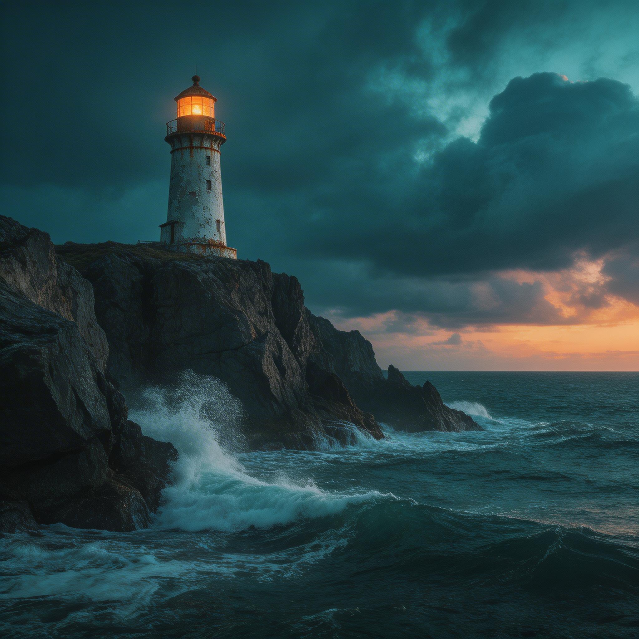 Good: Specific Subject + Style. A weathered lighthouse on a rocky cliff at twilight, dramatic storm clouds gathering, waves crashing below, moody atmosphere, cinematic color...