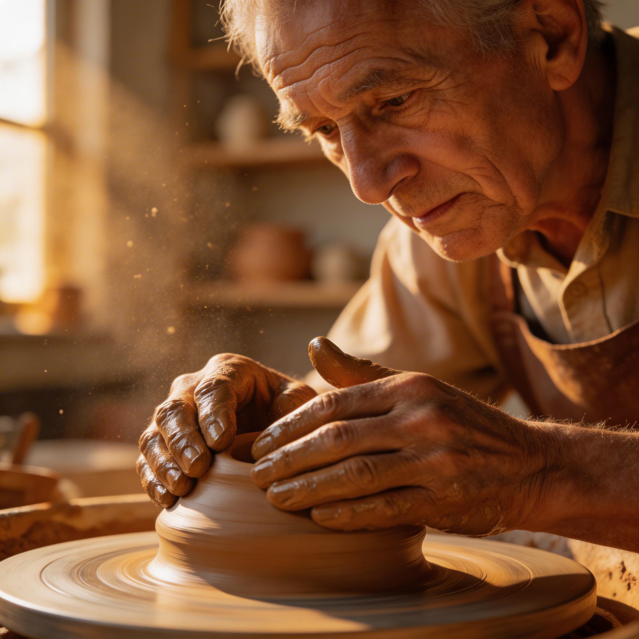 Good: Lighting + Mood. Close-up portrait of an elderly potter shaping clay on a wheel, warm golden side lighting from a workshop window, shallow depth of field, dust particles...