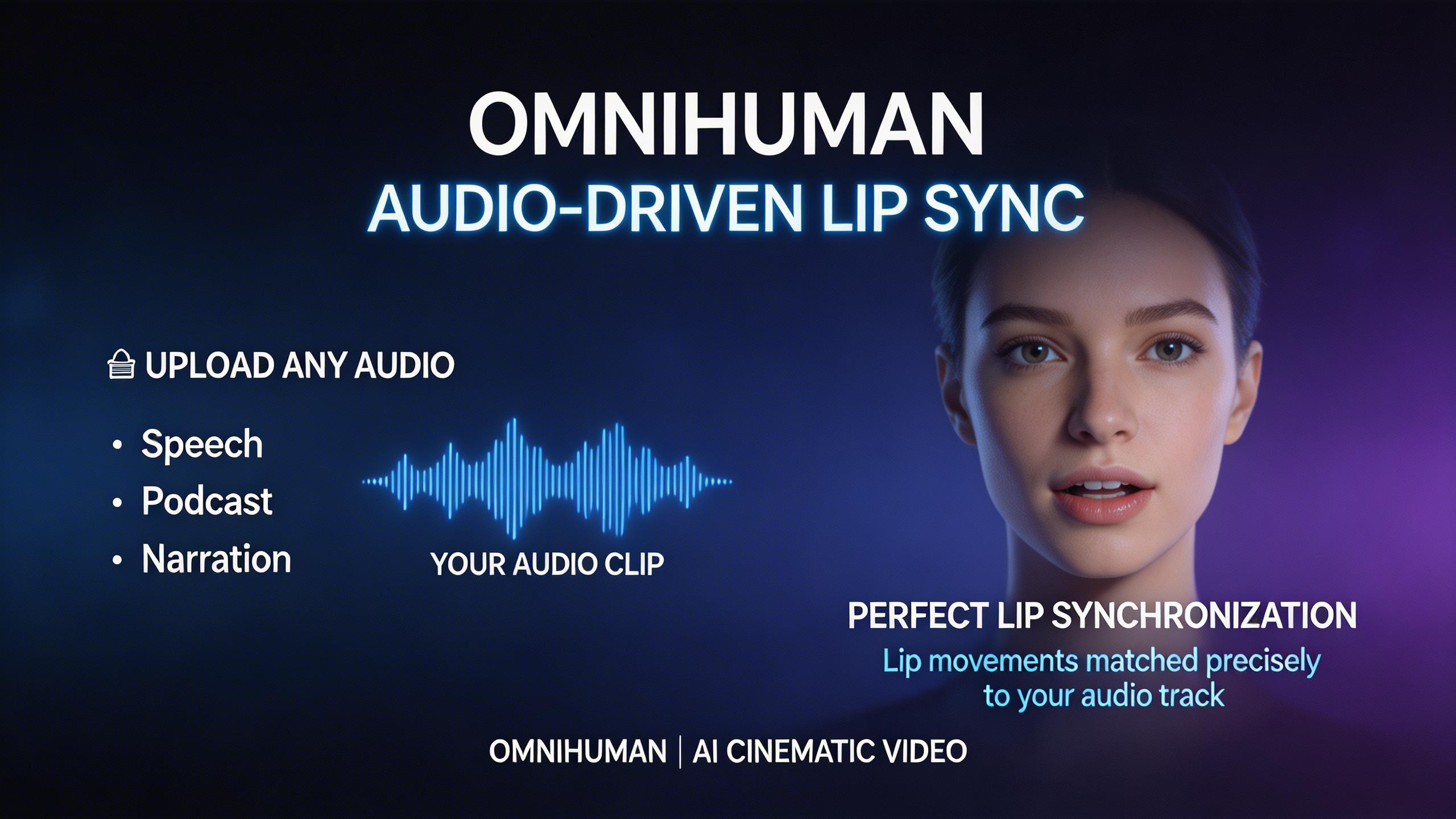 Sincronización Labial por Audio. Sube cualquier clip de audio y OmniHuman sincroniza el movimiento labial perfectamente.