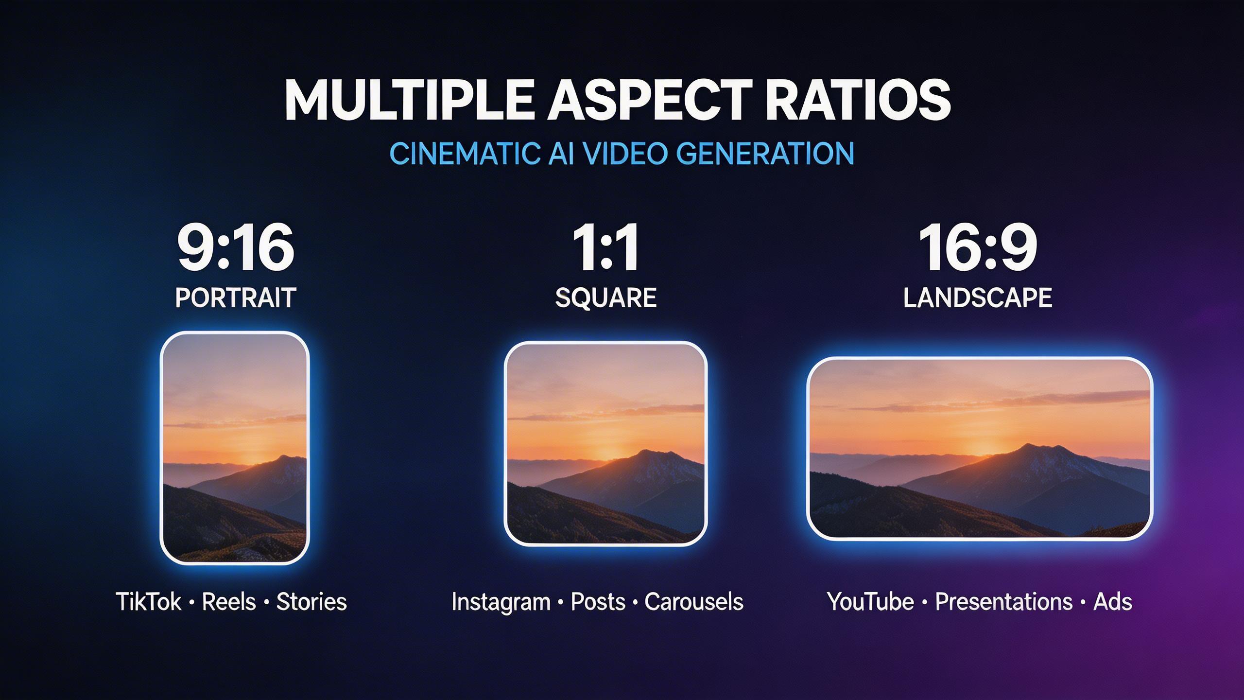 Múltiples Relaciones de Aspecto. Soporte para 9:16, 16:9 y 1:1 — optimizado para redes sociales y marketing.