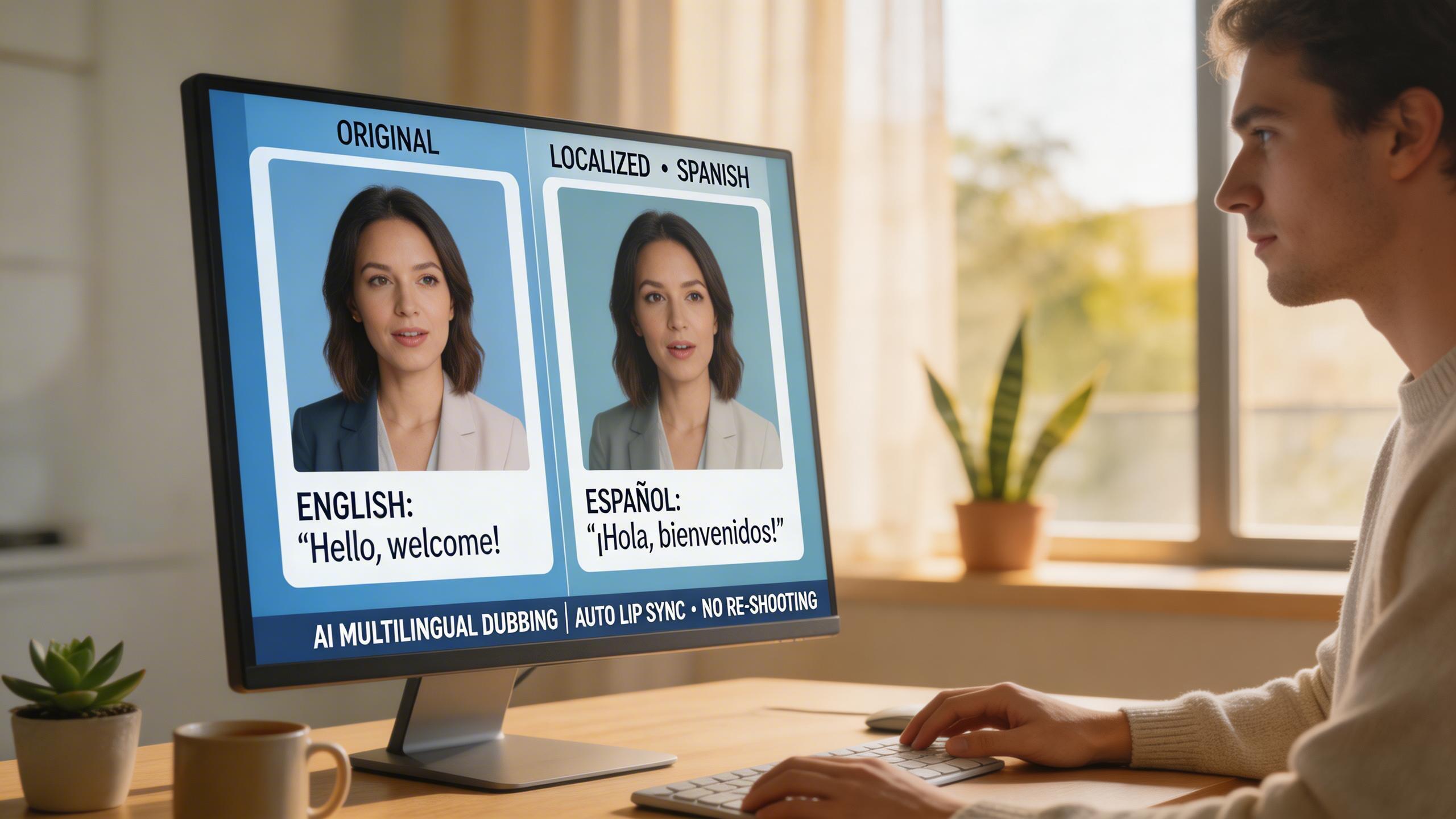 Doblaje Multilingüe. Combina audio traducido con sincronización labial para localizar videos sin regrabar.. Equipos de Localización