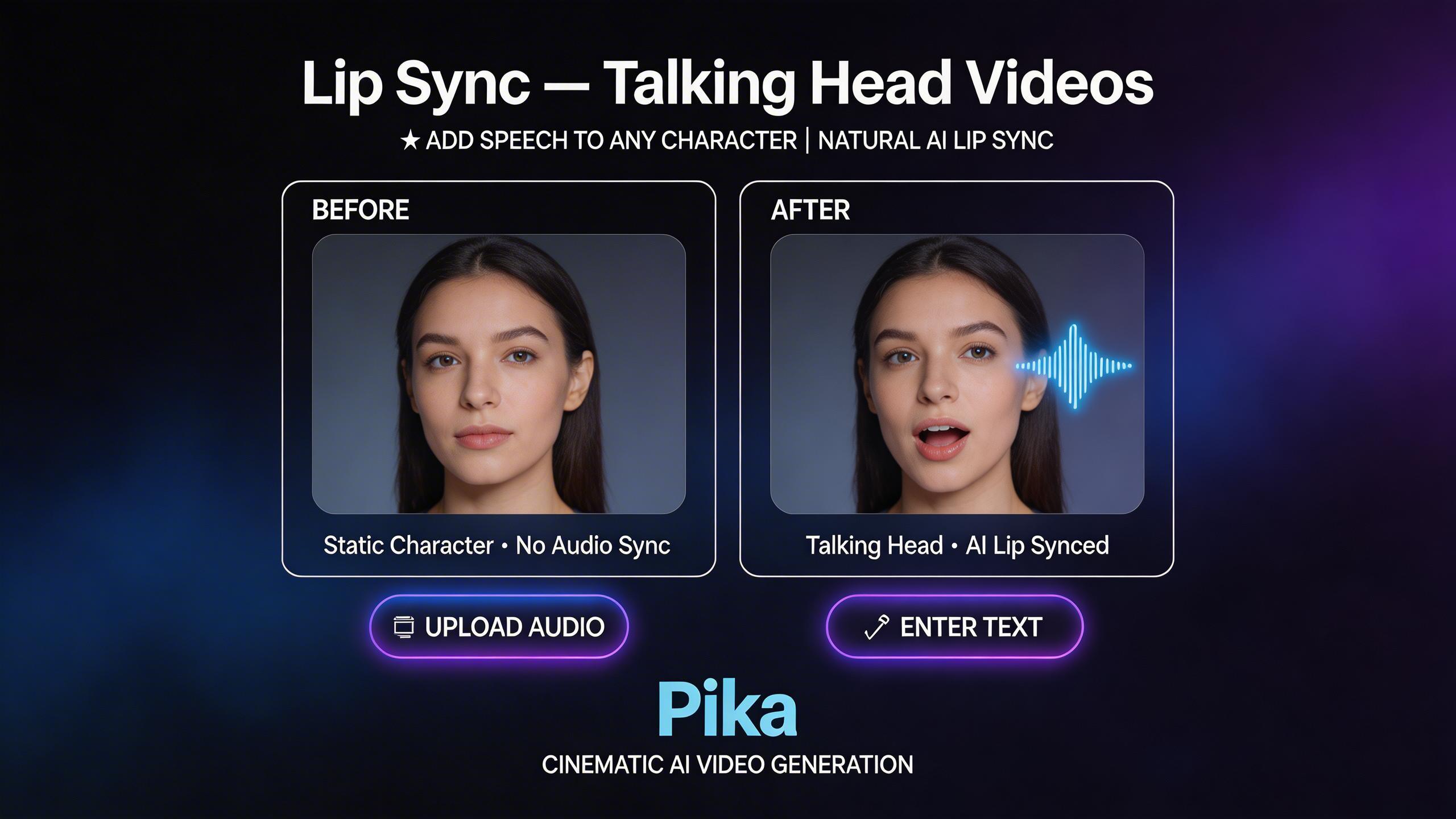 Sincronización Labial — Videos con Diálogo. Añade habla a cualquier personaje con sincronización labial natural. Sube audio o ingresa texto, y Pika genera movimientos de boca...