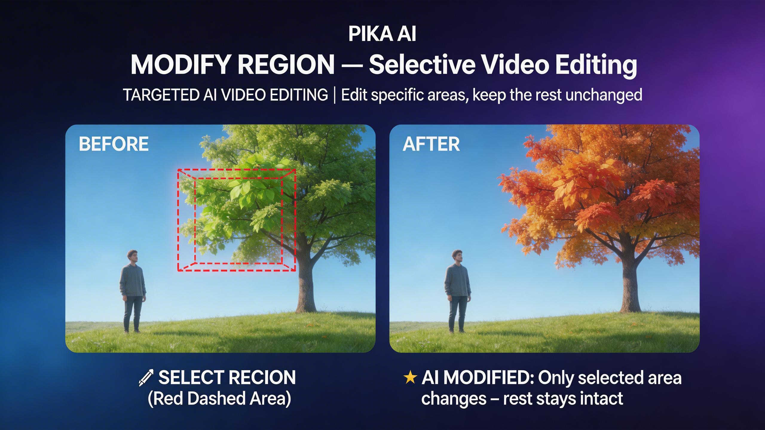 Edición por Regiones — Edición Selectiva de Video. Edita partes específicas de tu video sin afectar el resto. Selecciona una región, describe lo que quieres cambiar, y Pika...
