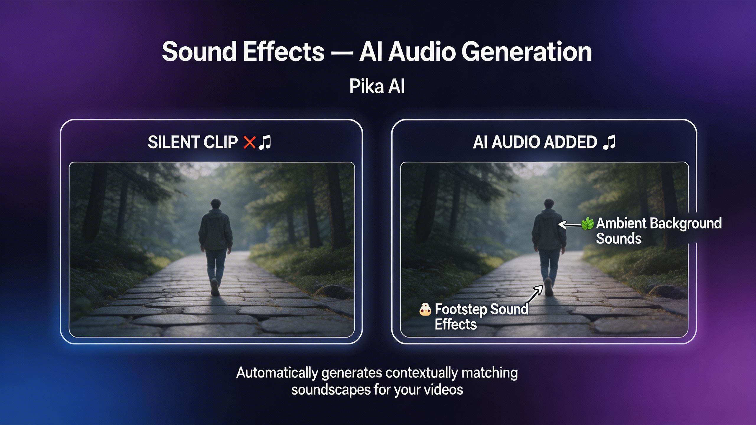 Efectos de Sonido — Generación de Audio con IA. Genera automáticamente efectos de sonido para tus videos. Pika analiza el contenido visual y añade audio contextualmente...