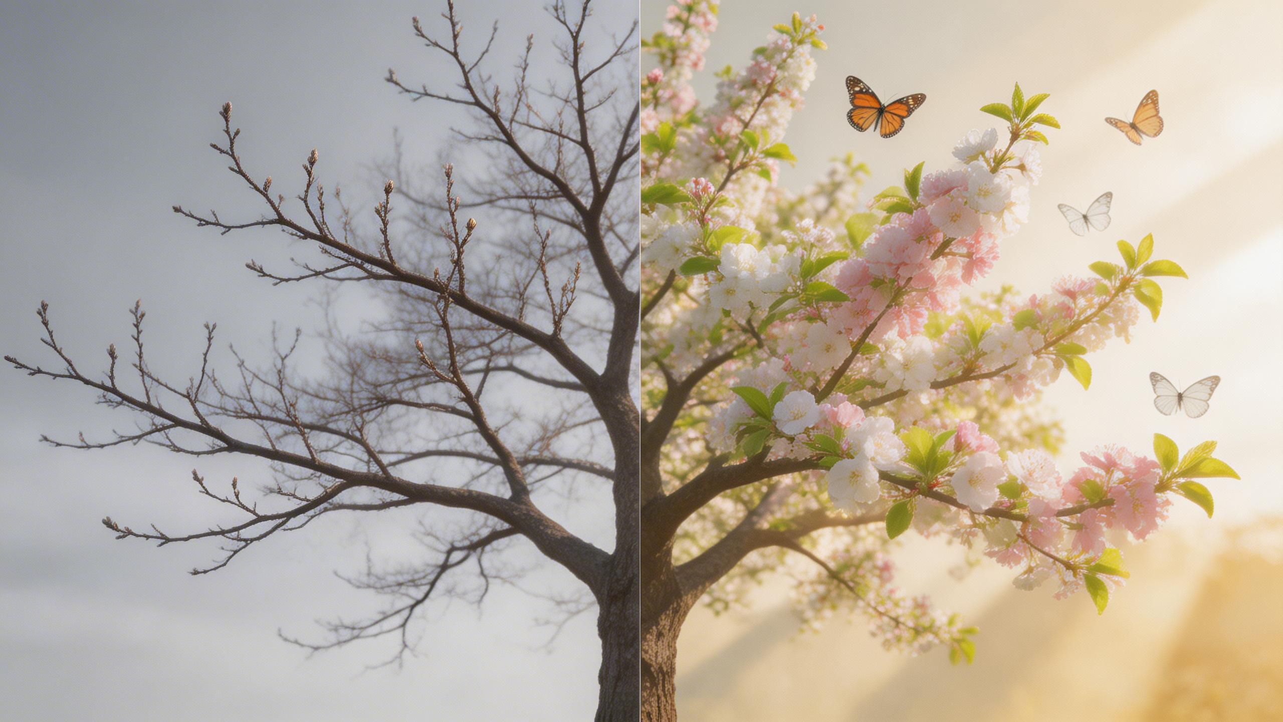 Naturaleza Floreciendo. Time-lapse de un árbol desnudo en invierno floreciendo rápidamente en colores primaverales, flores abriéndose, hojas desplegándose, mariposas...