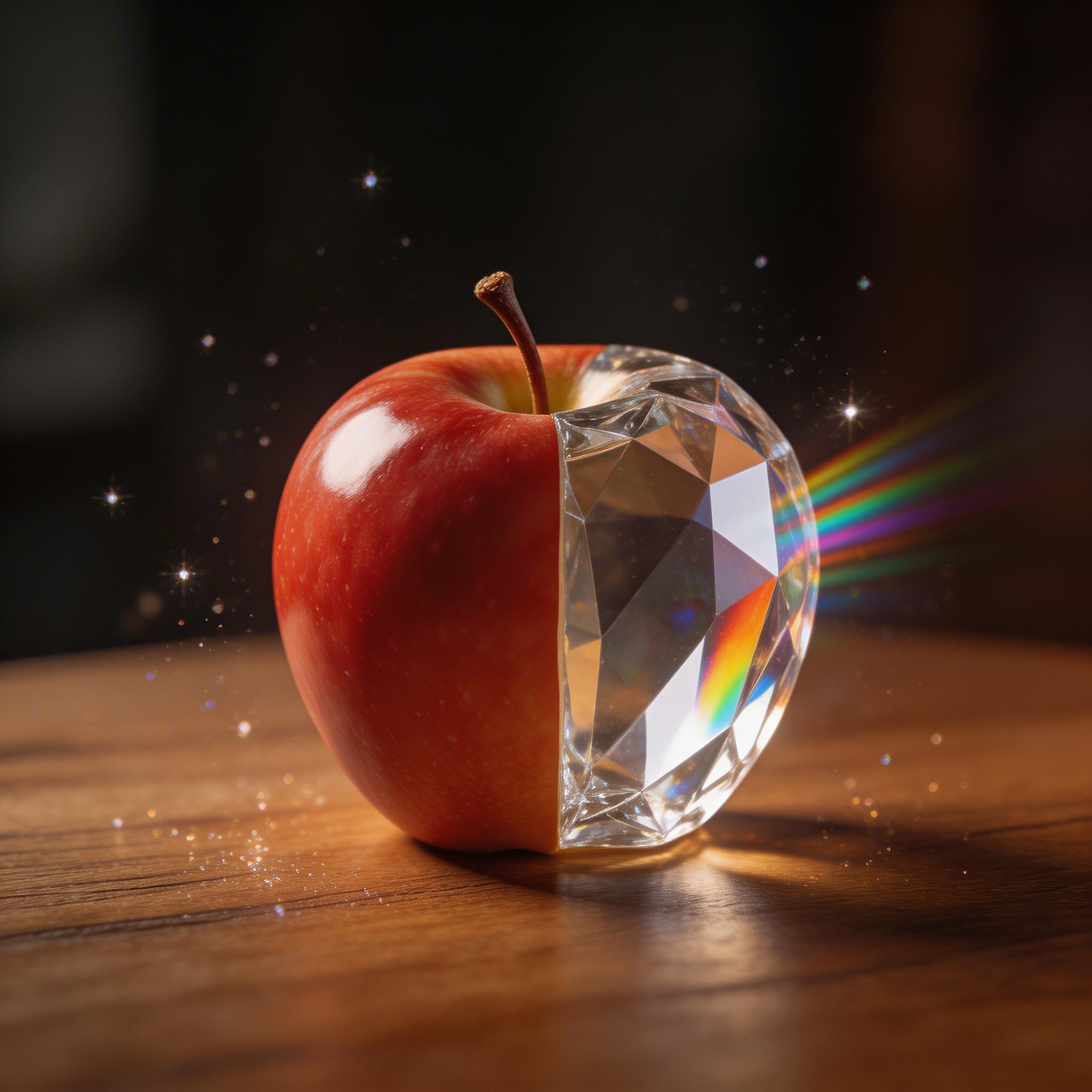 Transformación Mágica. Una manzana roja realista sobre una mesa de madera se transforma lentamente en una escultura de cristal, la luz refractándose a través de sus facetas,...