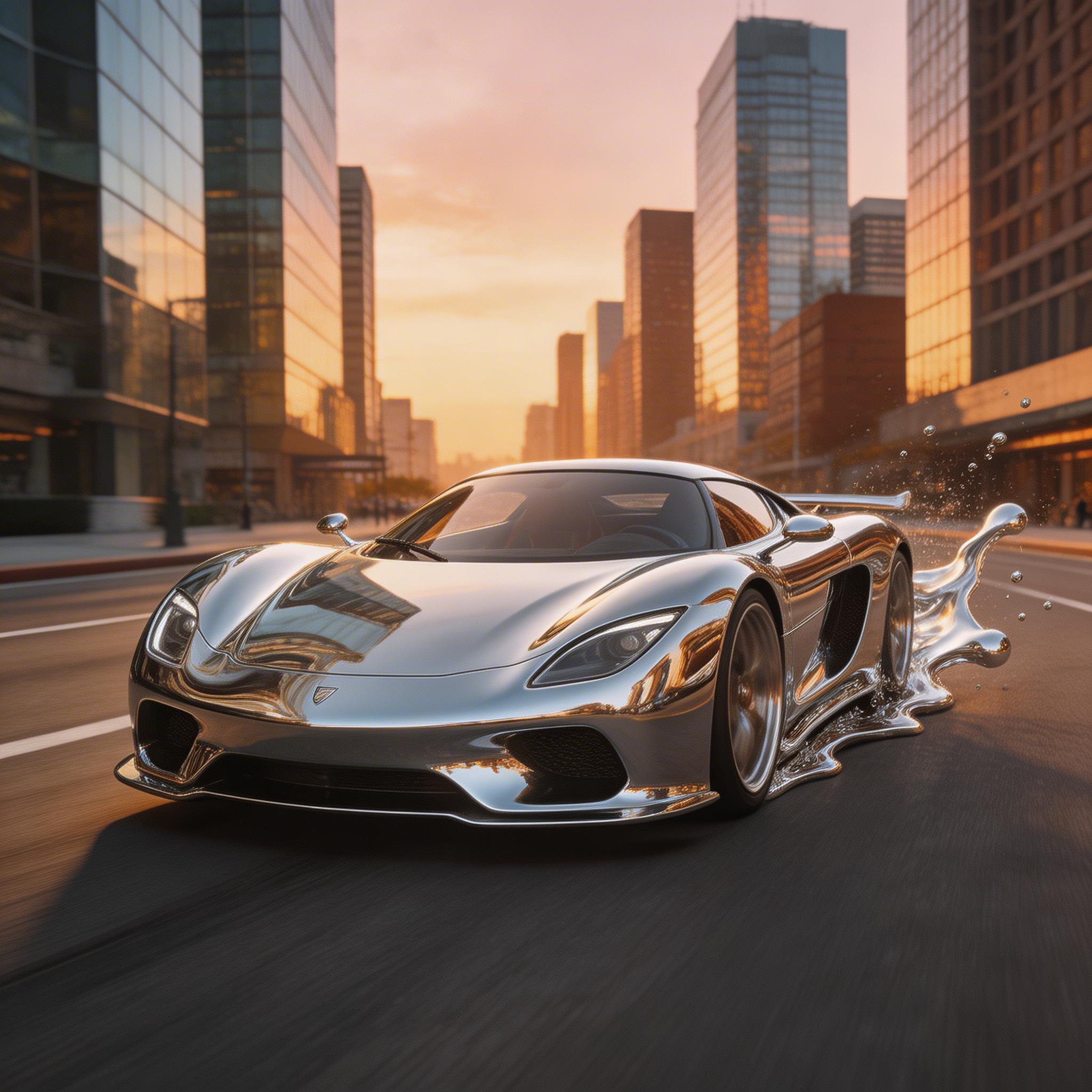 Efecto Metal Líquido. Un auto deportivo hecho completamente de mercurio líquido conduce por una calle de la ciudad, su superficie reflectante espejando edificios y cielo,...