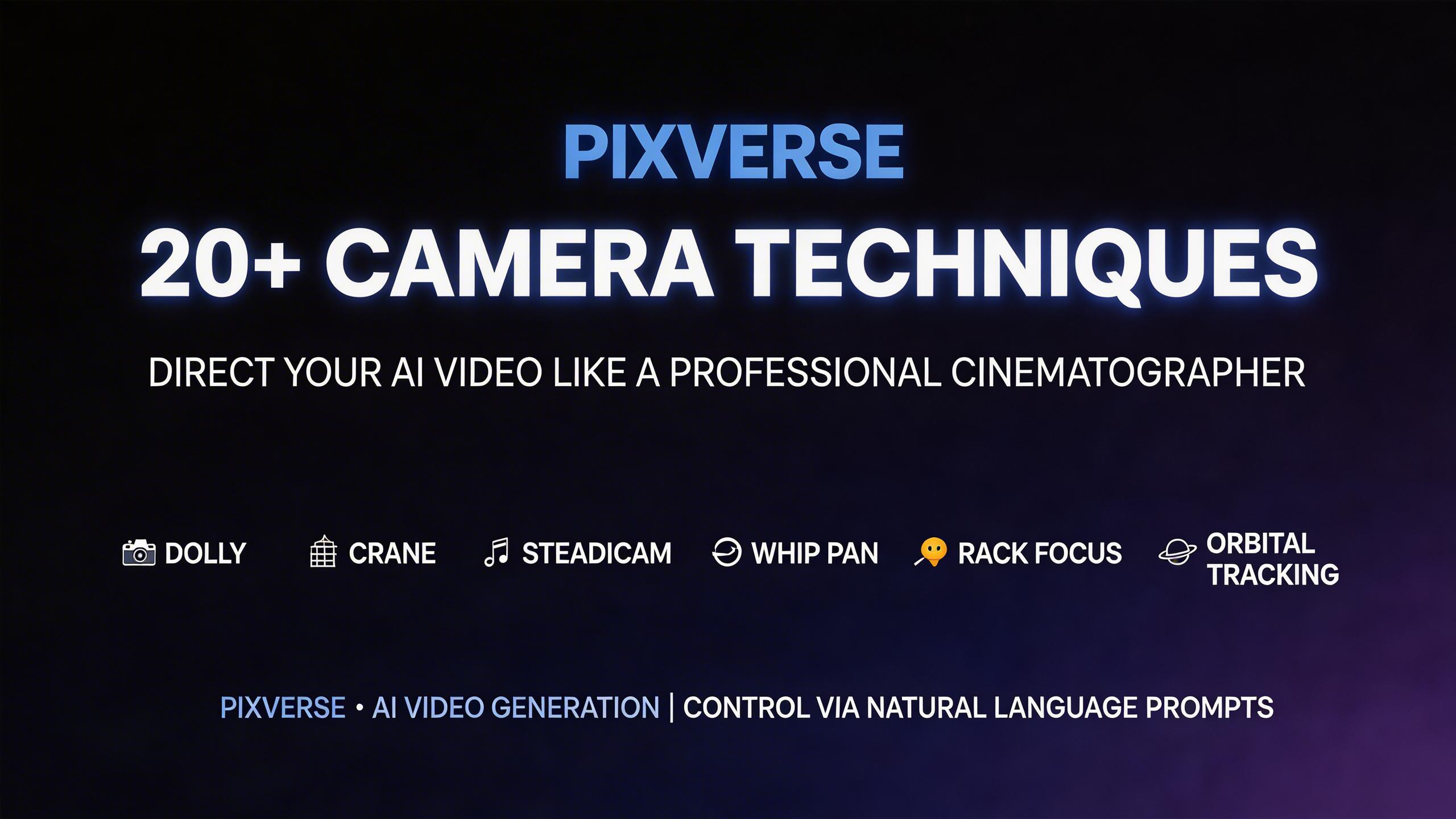 20+ Técnicas de Cámara. Dirige tu video de IA como un cinematógrafo profesional. PixVerse soporta más de 20 movimientos de cámara incluyendo dolly, grúa, steadicam, paneo...