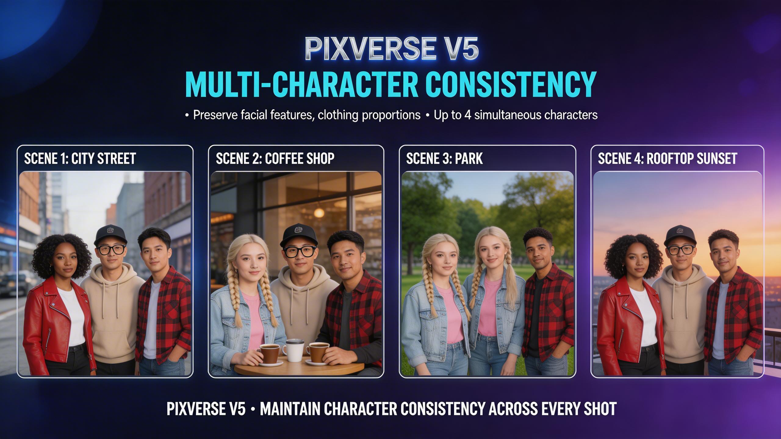 Consistencia Multi-Personaje. Mantén la identidad consistente de los personajes a través de múltiples escenas y planos. PixVerse V5 preserva rasgos faciales, vestimenta y...