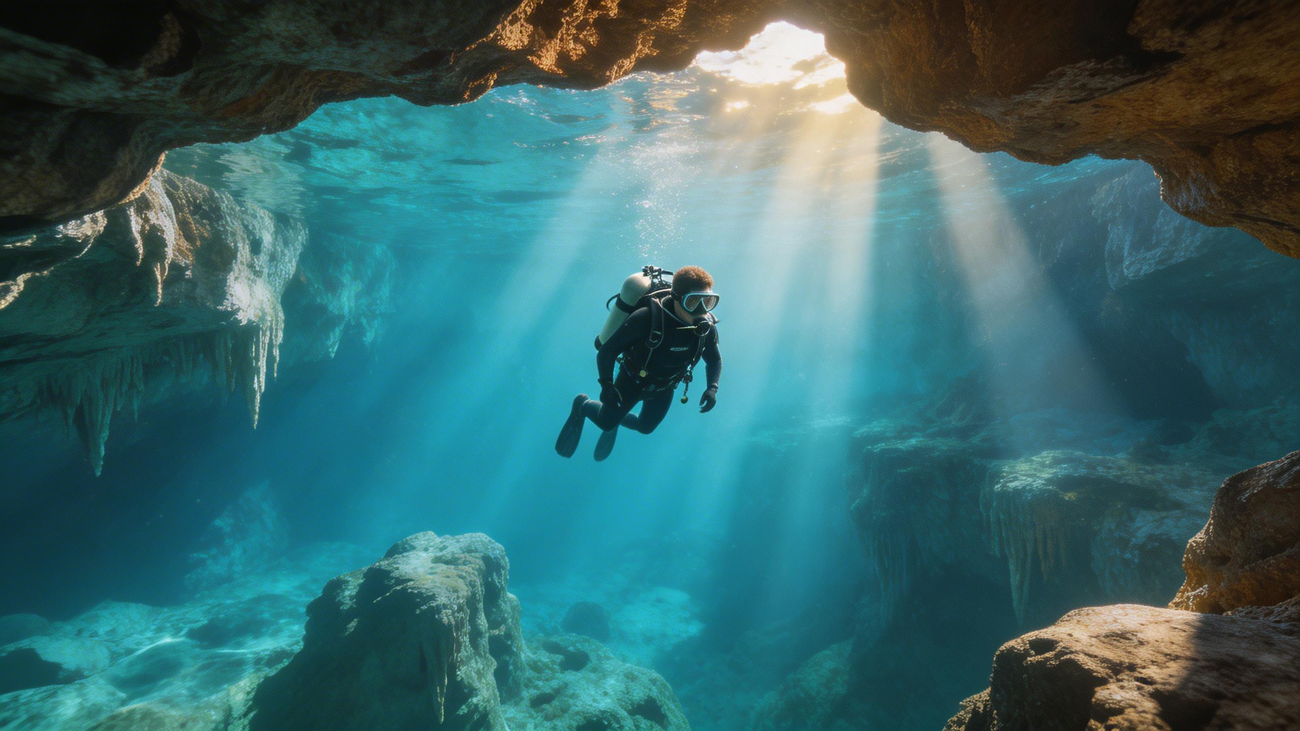 Descubrimiento Submarino. Un buzo desciende a un cenote cristalino, rayos de sol penetrando el agua turquesa, formaciones rocosas antiguas visibles abajo, cámara siguiendo...