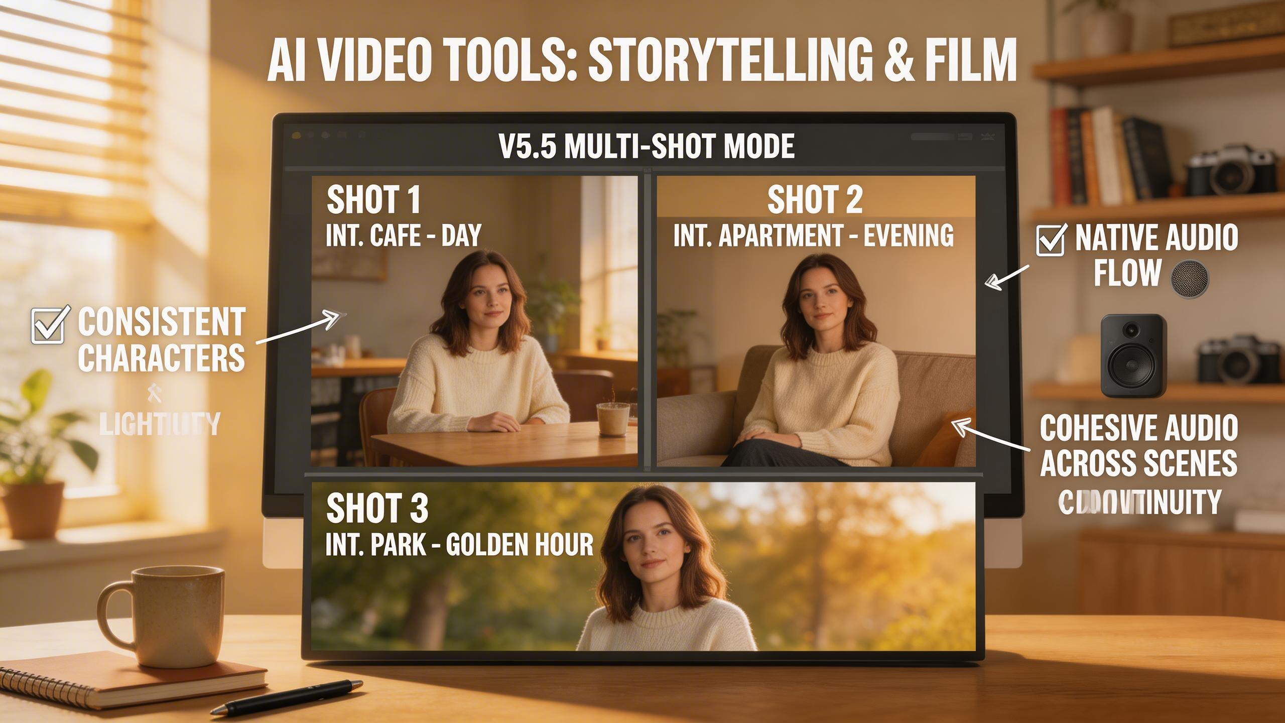 Narrativa y Cine. Construye narrativas multi-plano con personajes consistentes, continuidad de iluminación y audio nativo entre escenas. El modo multi-plano de V5.5 mantiene...