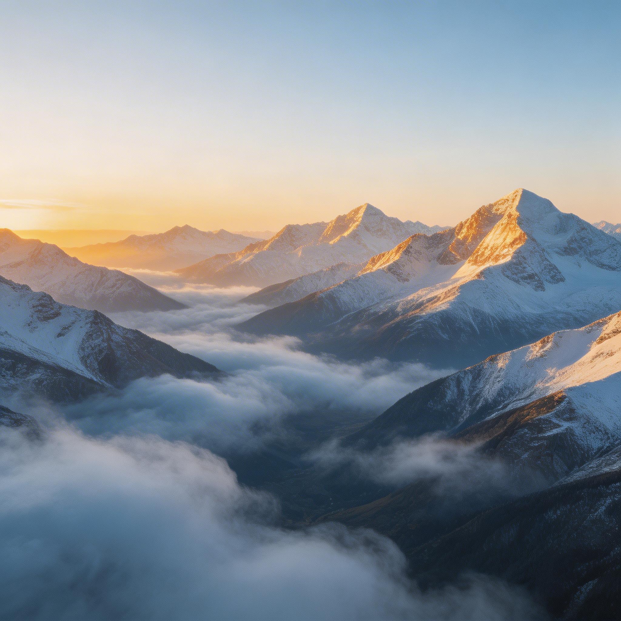 Revelación Épica del Paisaje. Plano de grúa ascendiendo sobre una cadena montañosa nevada al amanecer, luz dorada iluminando las cumbres, nubes fluyendo por los valles abajo,...