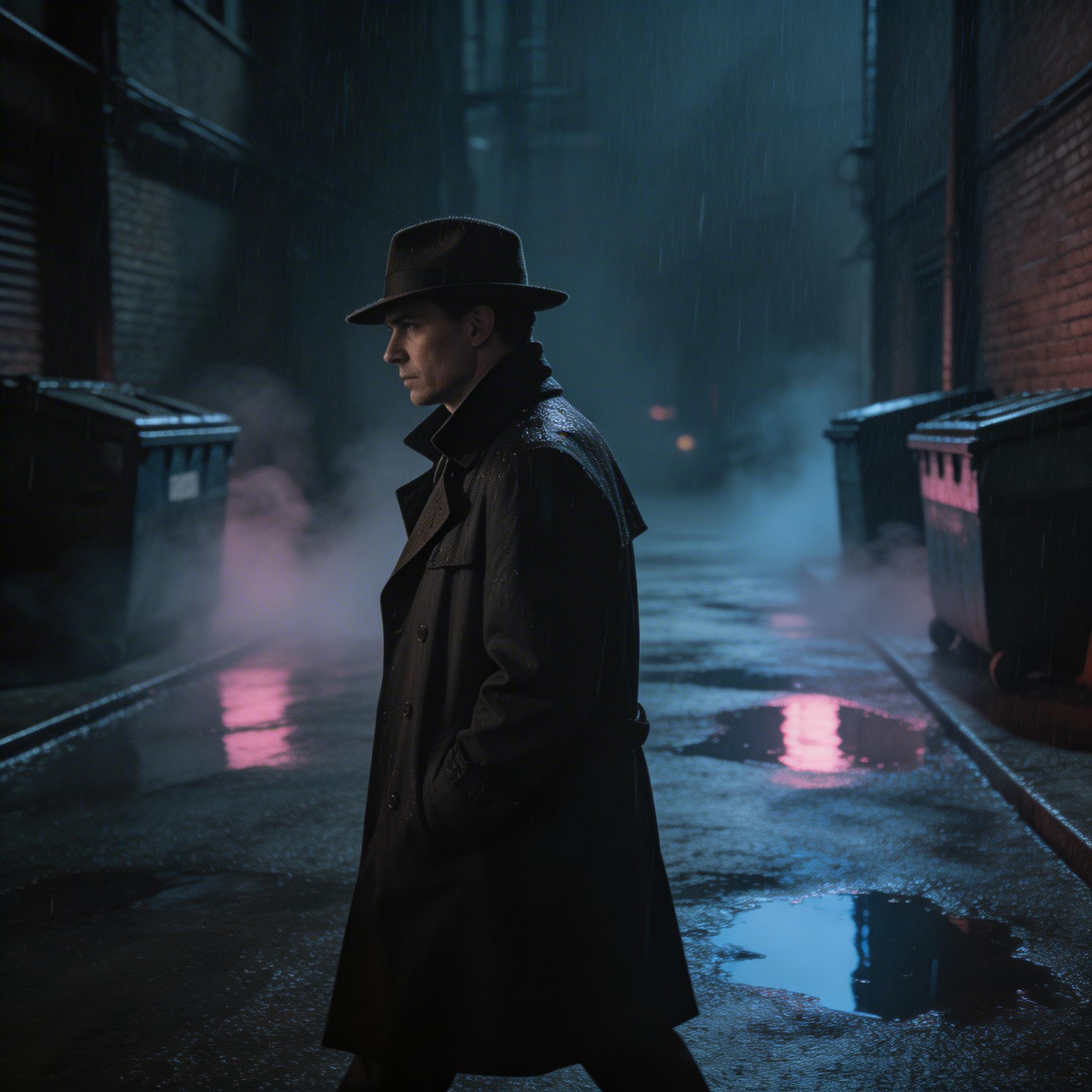 Detective Noir. Un detective con gabardina camina por un callejón mojado por la lluvia de noche, letreros de neón reflejándose en los charcos, niebla entre los contenedores,...