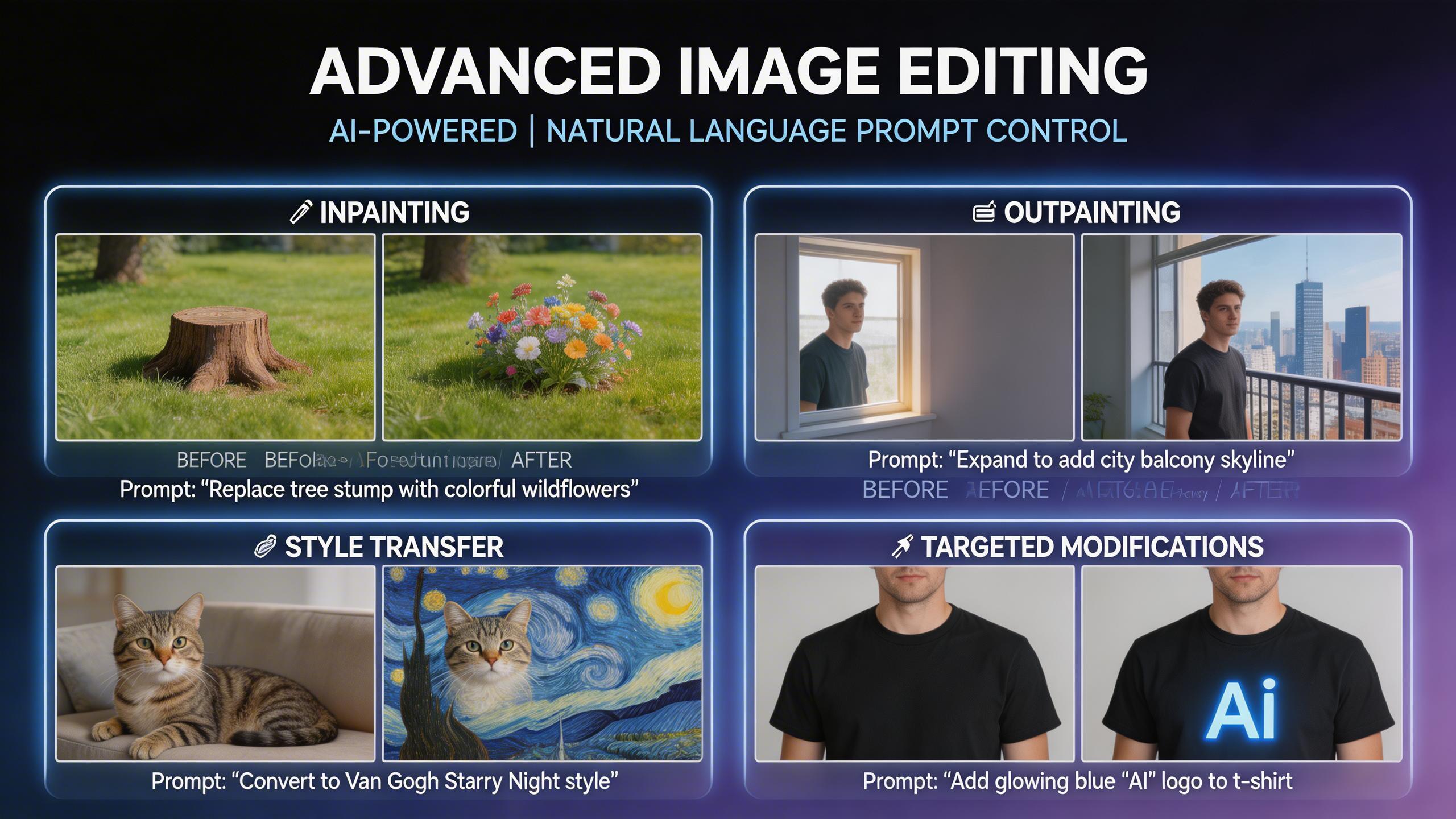 Advanced Image Editing. Edit and refine images with precision. Inpainting, outpainting, style transfer, and targeted modifications — all guided by natural language prompts for...