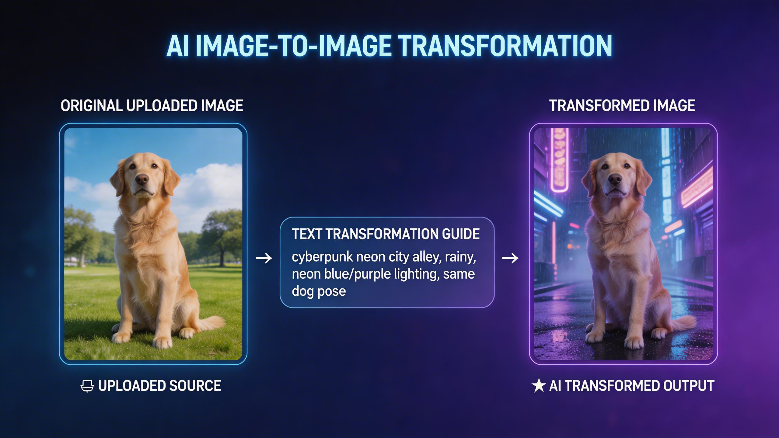 Image-to-Image Transformation. Upload an existing image and transform it with text guidance. Change styles, modify elements, adjust composition, or reimagine the entire scene...
