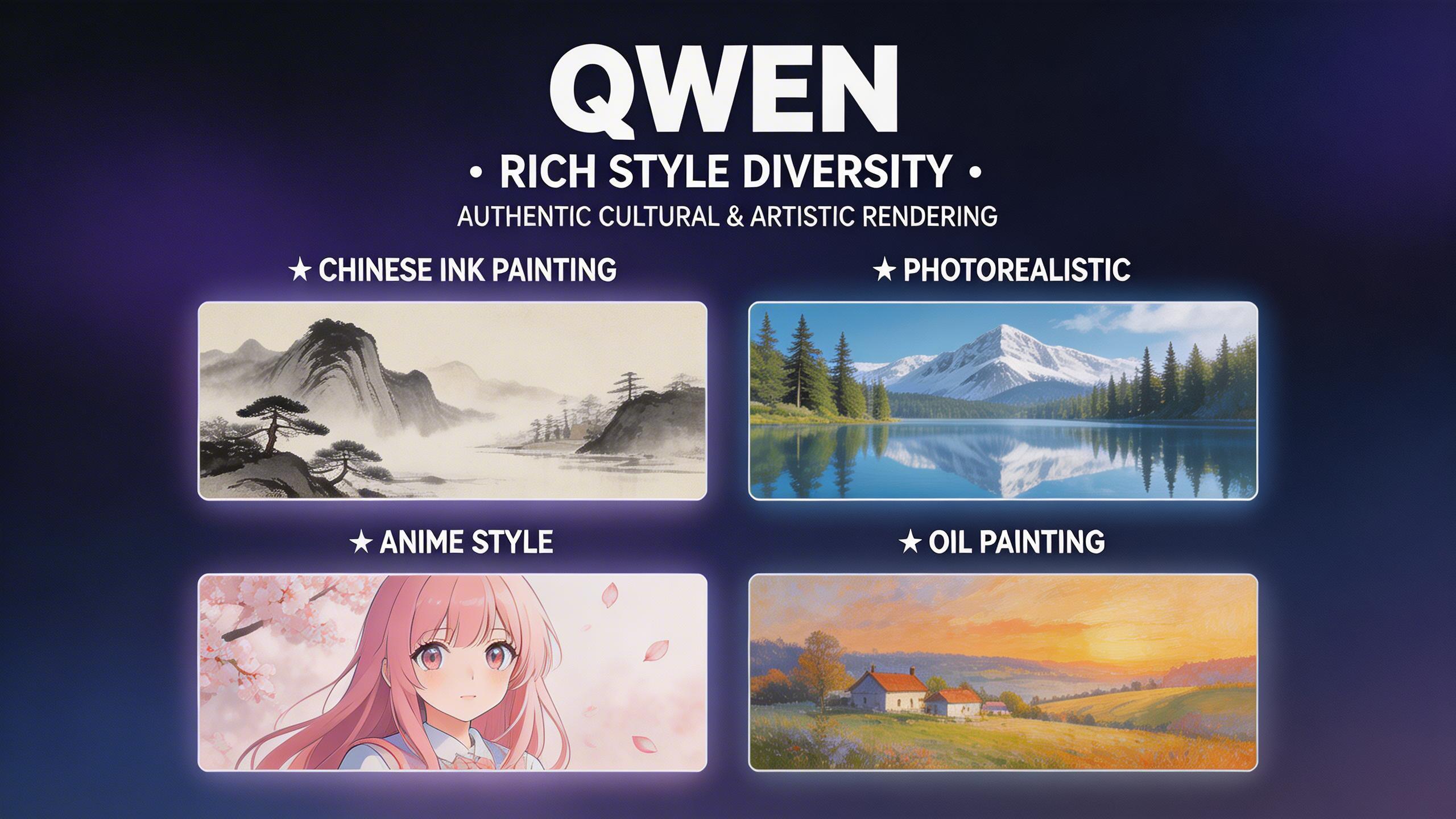 Rich Style Diversity. From traditional Chinese ink painting to photorealistic scenes, anime to oil painting — Qwen excels across a wide range of artistic styles with authentic...