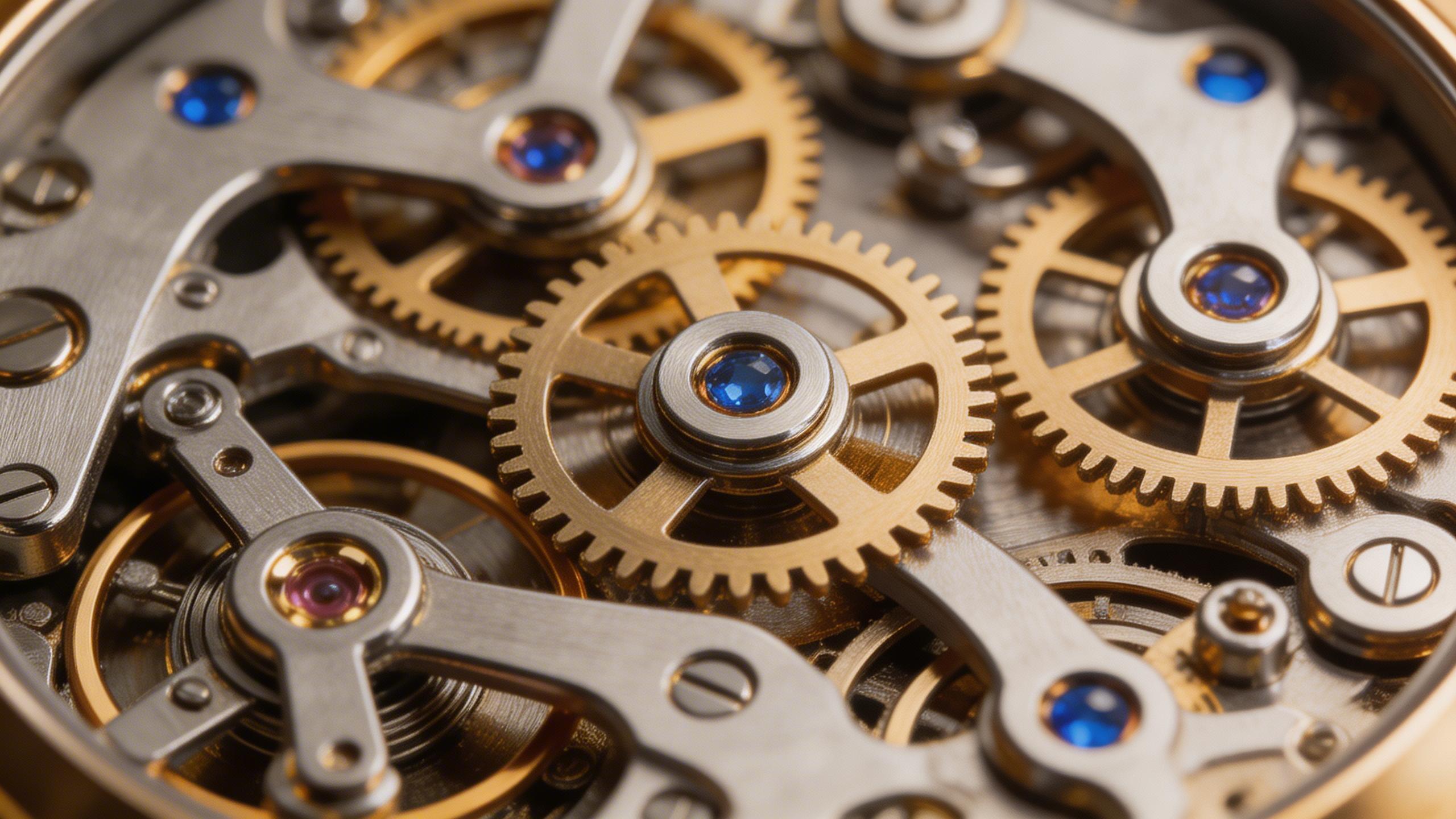 Technical Precision. Macro photograph of a mechanical watch movement, every gear and jewel bearing in sharp focus, metallic surfaces reflecting warm studio light, 100mm macro...