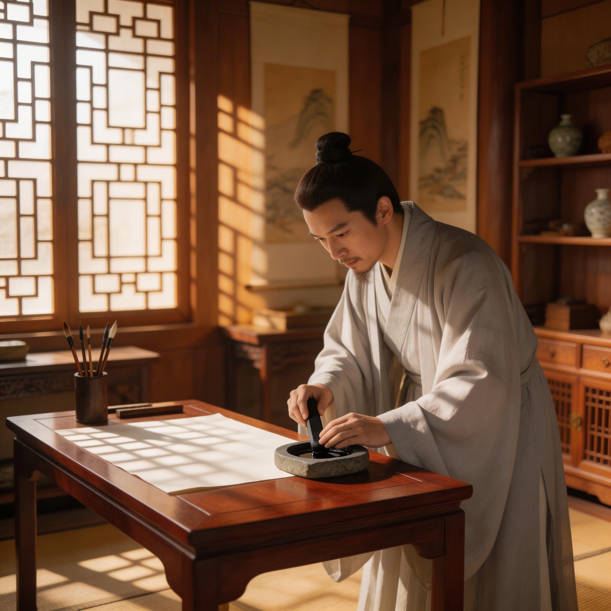 Detailed Scene. A calligrapher in a traditional Chinese study, grinding ink on a stone inkwell, rice paper spread on a rosewood desk, afternoon light through latticed windows...