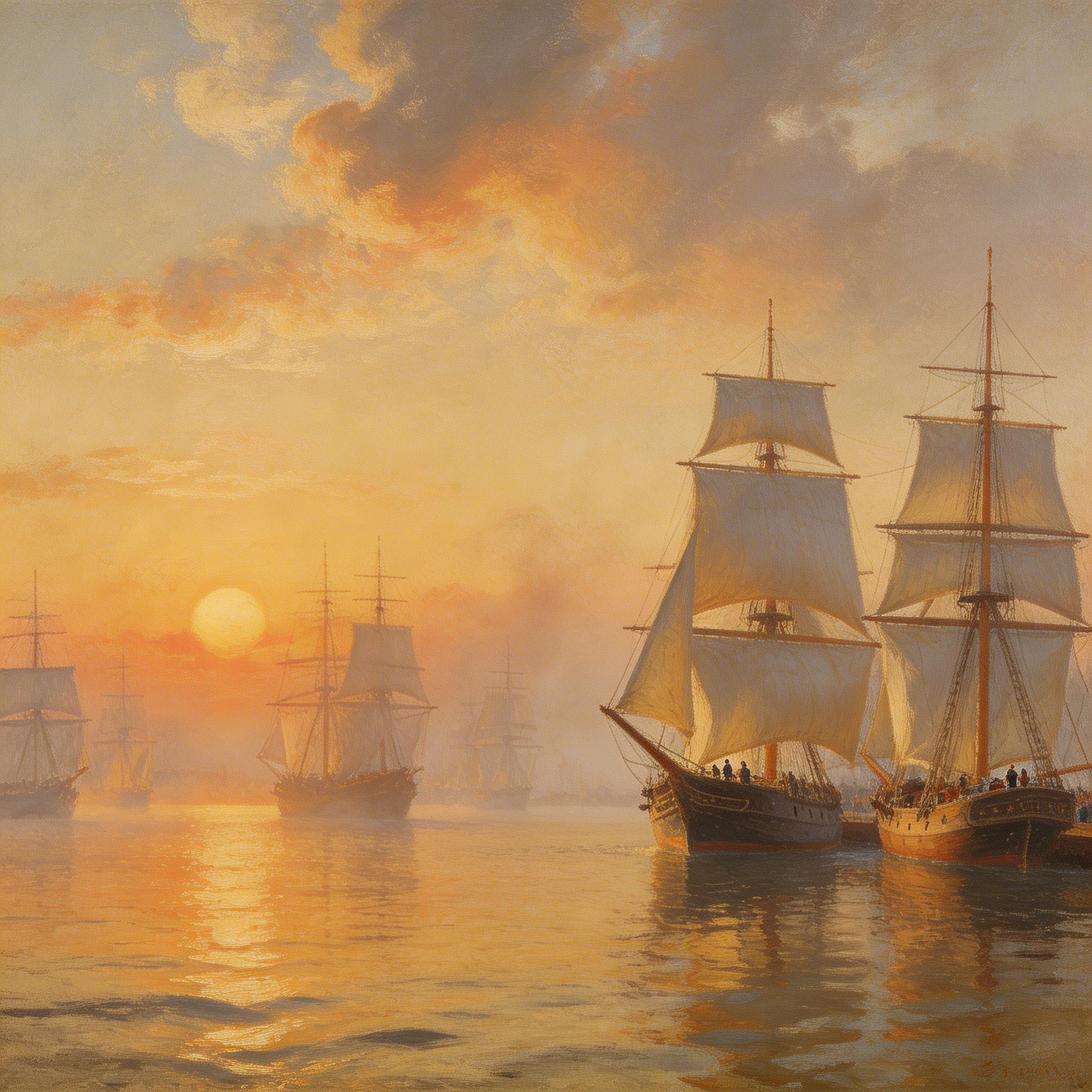 Style Reference. A bustling harbor at sunset in the style of Turner's maritime paintings, warm golden light dissolving into misty atmosphere, sailing ships with billowing...