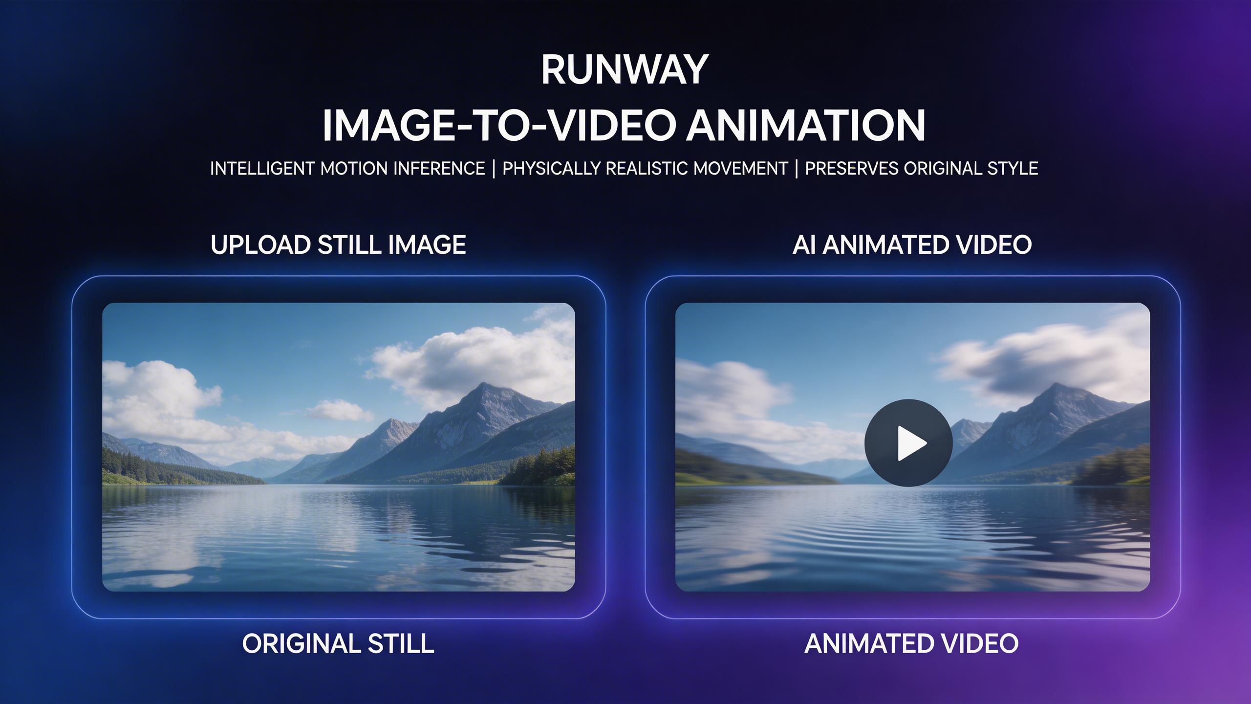 Image-to-Video Animation. Upload a still image and bring it to life with intelligent motion inference. Runway analyzes the composition and adds physically plausible movement —...