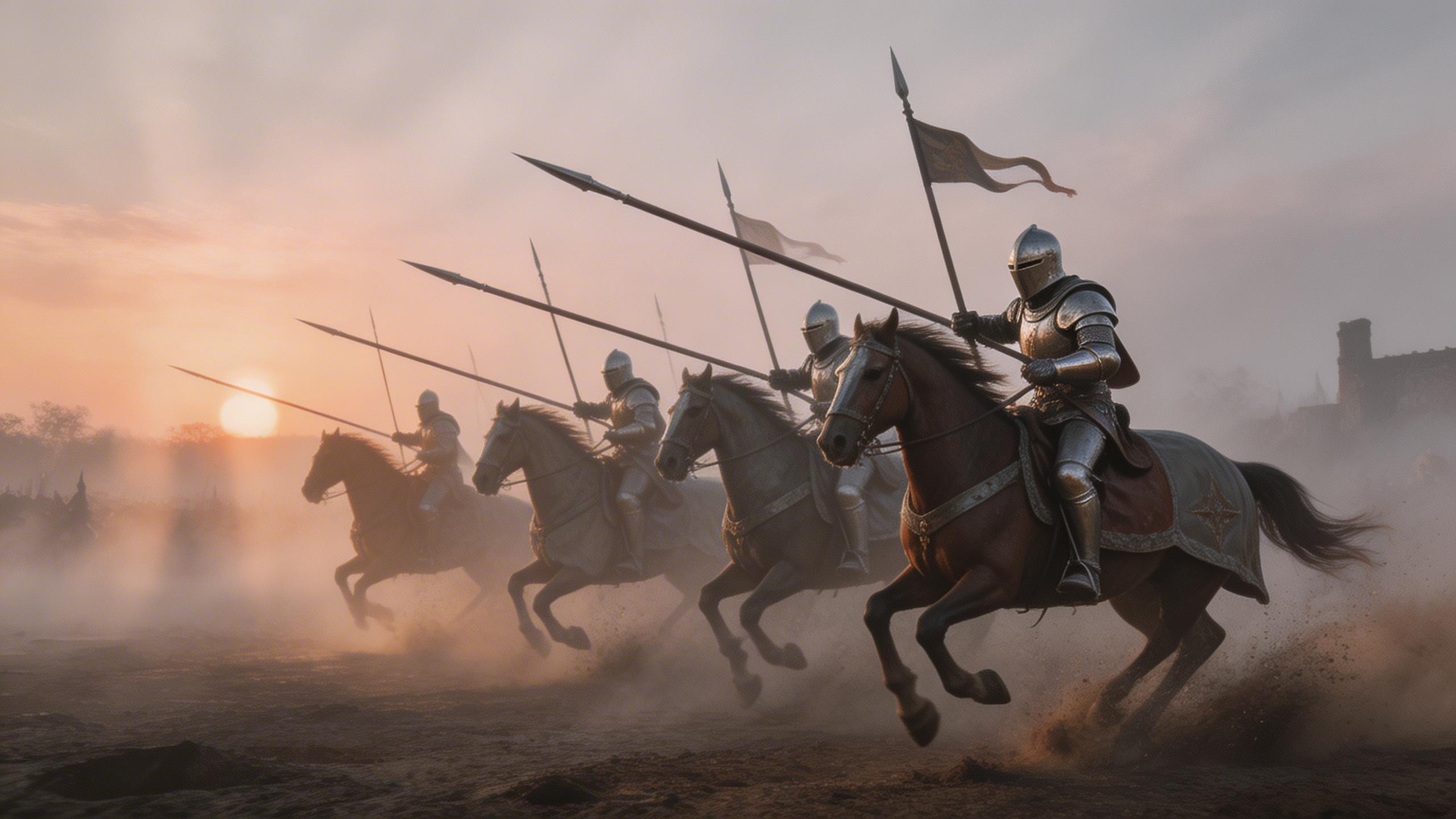 Historical Drama. Medieval knights on horseback charging across a misty battlefield at dawn, lances raised, dramatic slow motion, volumetric fog and dust particles, epic...