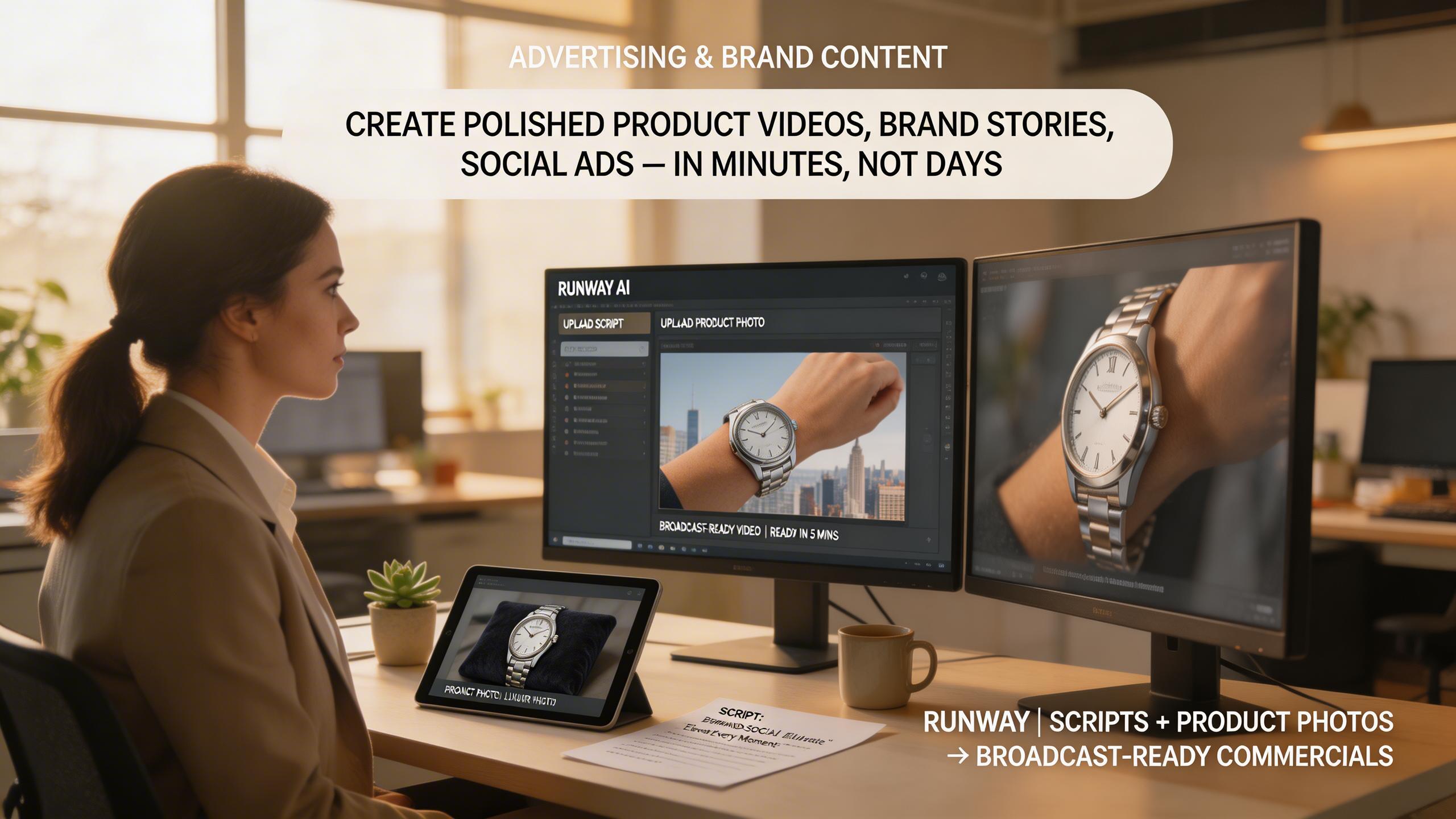 Advertising & Brand Content. Create polished product videos, brand stories, and social ad creatives in minutes instead of days. Runway turns scripts and product photos into...
