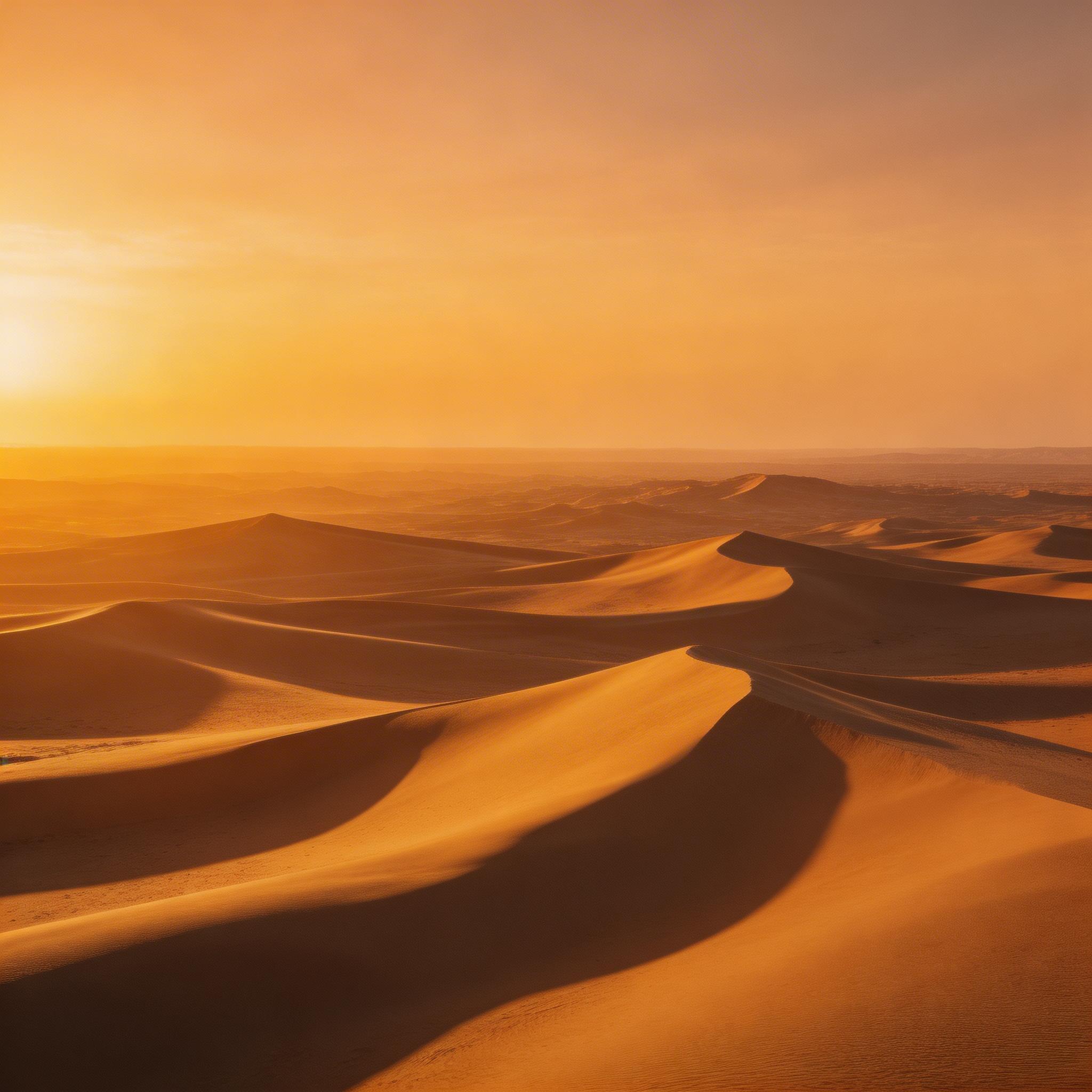 Epic Landscape. Sweeping aerial shot of a vast desert landscape at sunset, sand dunes casting long shadows, camera gliding forward slowly, warm golden light with deep orange...
