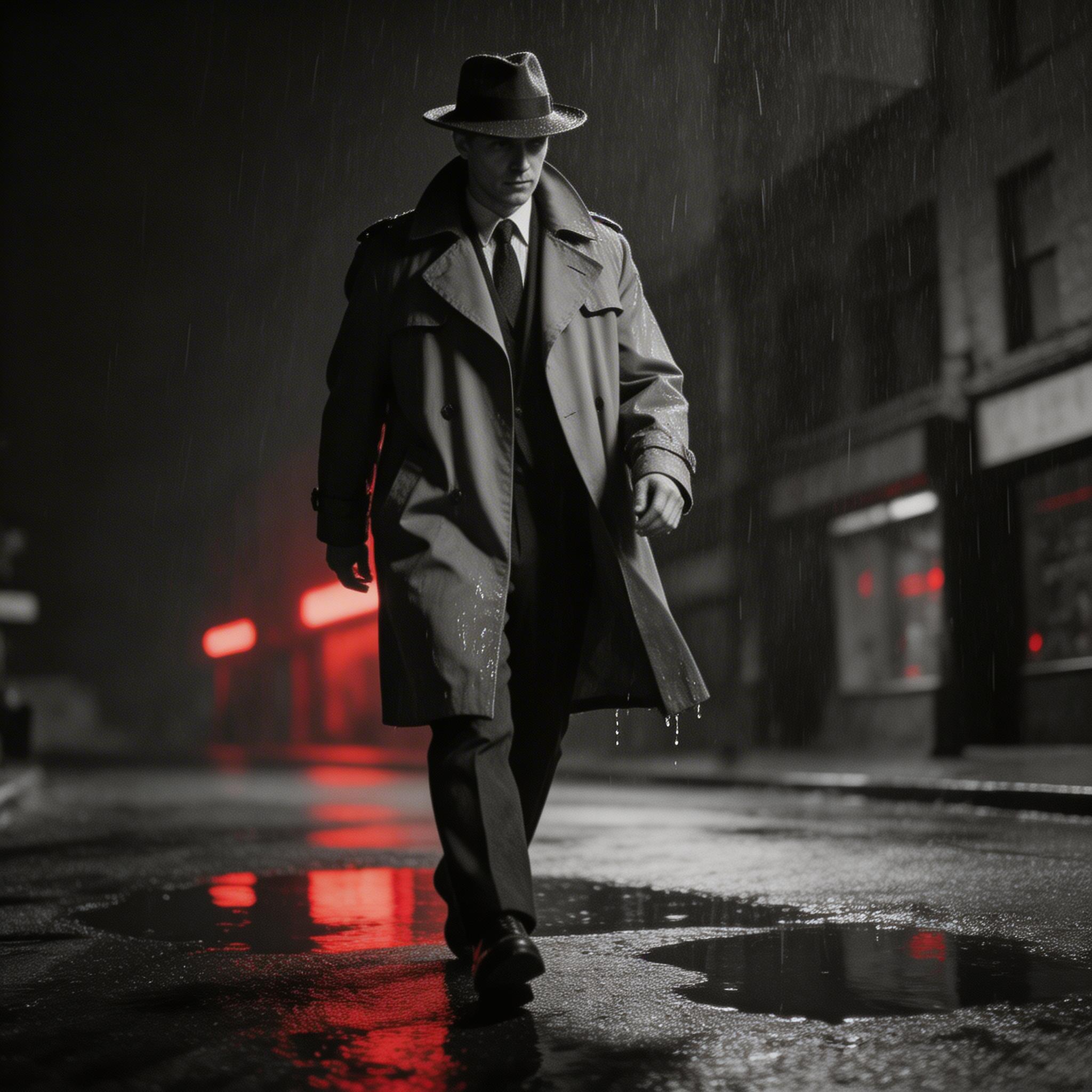 Noir Detective. A detective in a trench coat walking through rain-soaked city streets at night, neon signs reflected in puddles, black and white with selective red highlights,...