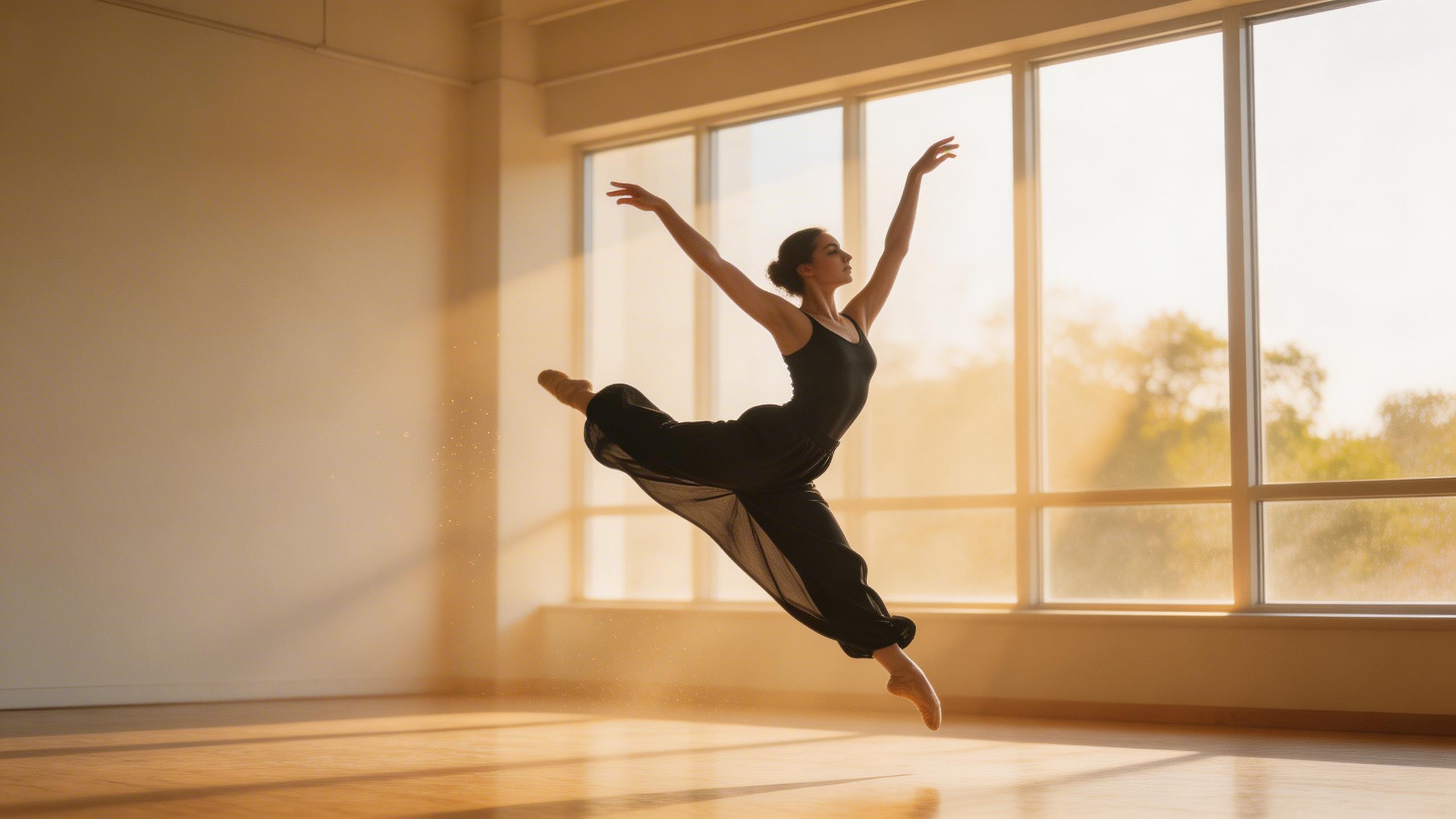 A professional dancer performing a contemporary dance routine in a sunlit studio
