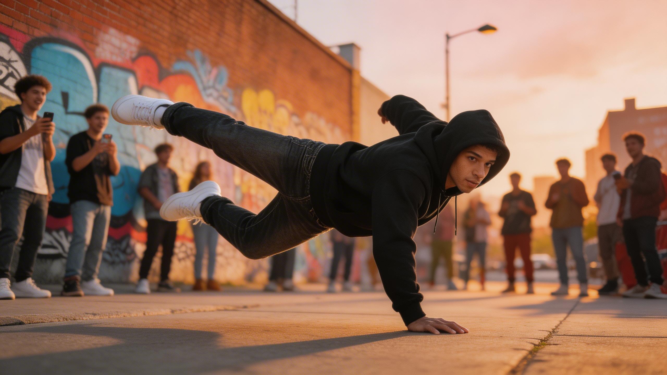 Street dancer performing breakdancing on a city sidewalk at golden hour, dynamic