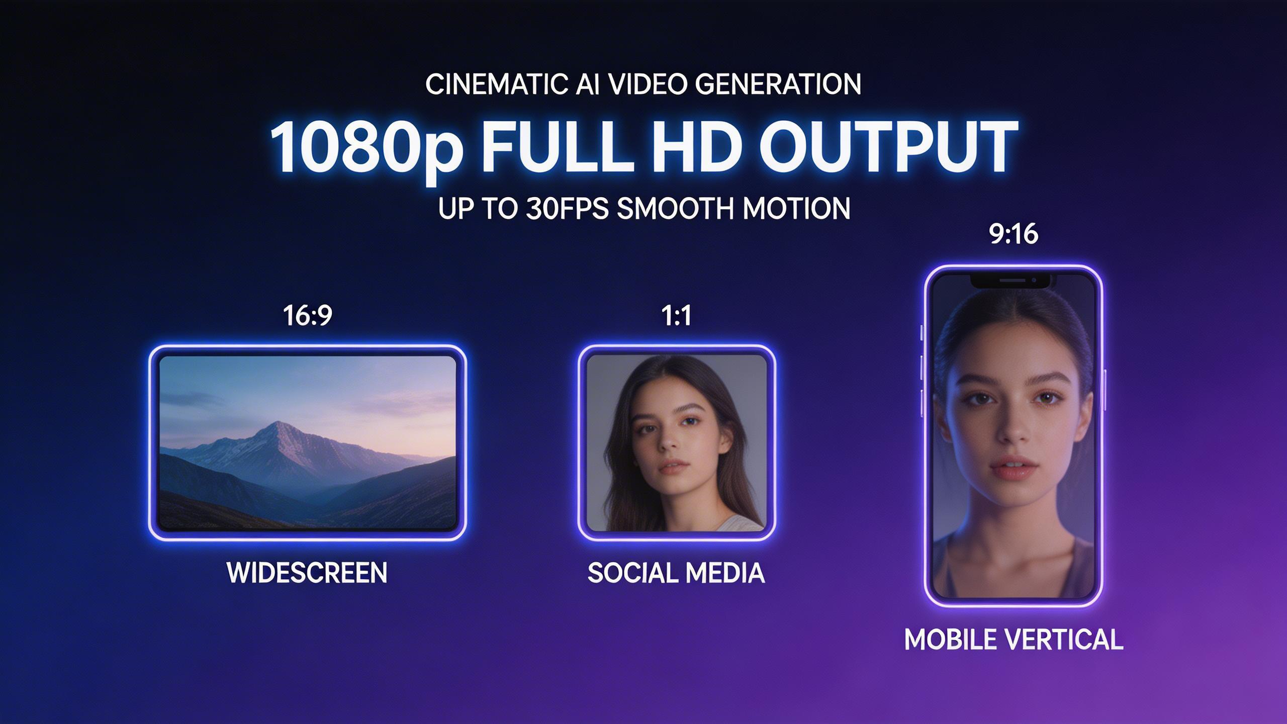 Salida Full HD 1080p. Genera videos nítidos a 1080p con movimiento fluido a hasta 30fps. Soporta relaciones de aspecto flexibles: 16:9, 9:16 y 1:1.