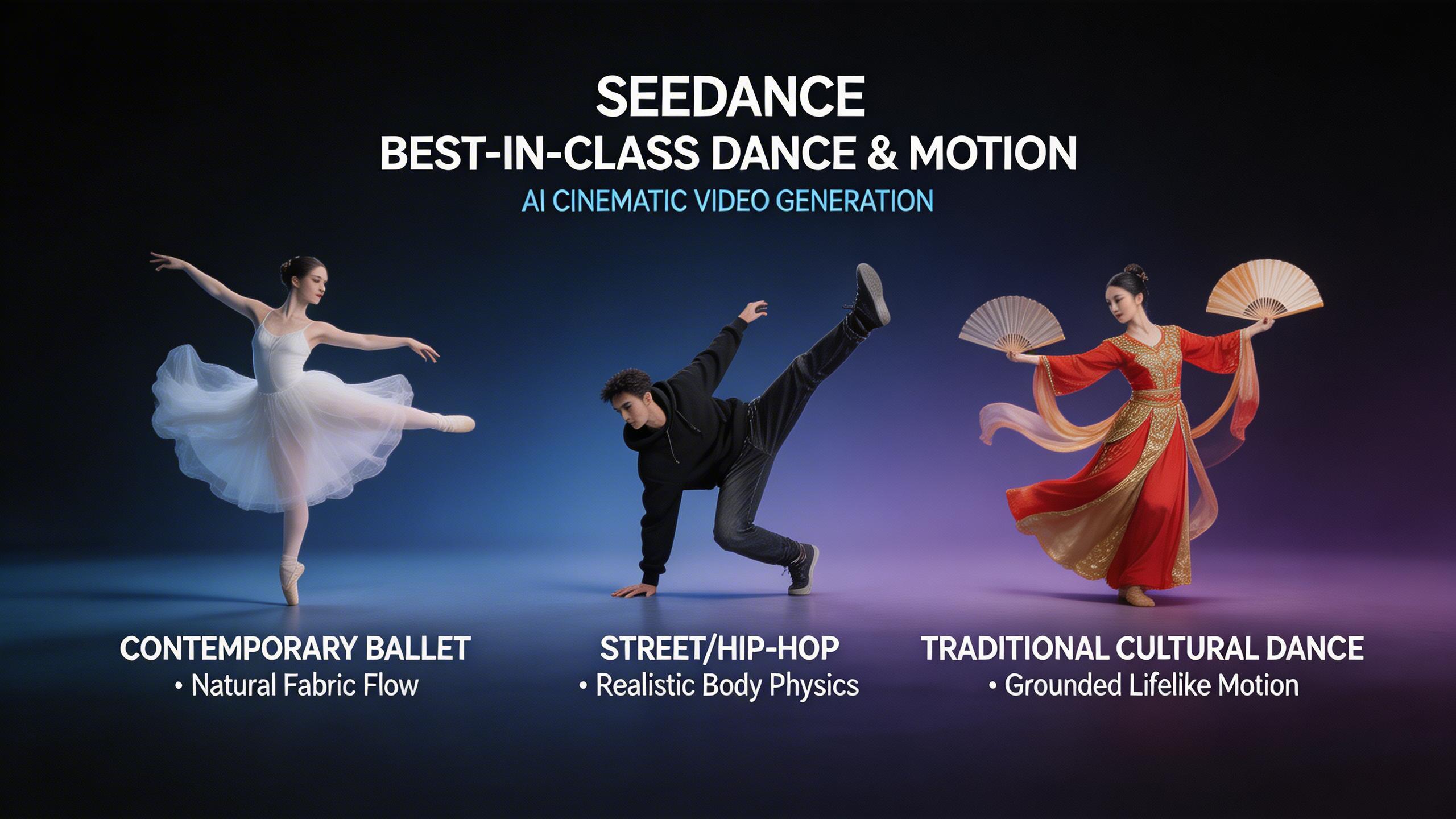 Mejor Generación de Baile y Movimiento. Seedance sobresale en coreografía realista y movimientos corporales complejos. Desde ballet contemporáneo hasta street dance, hip-hop...