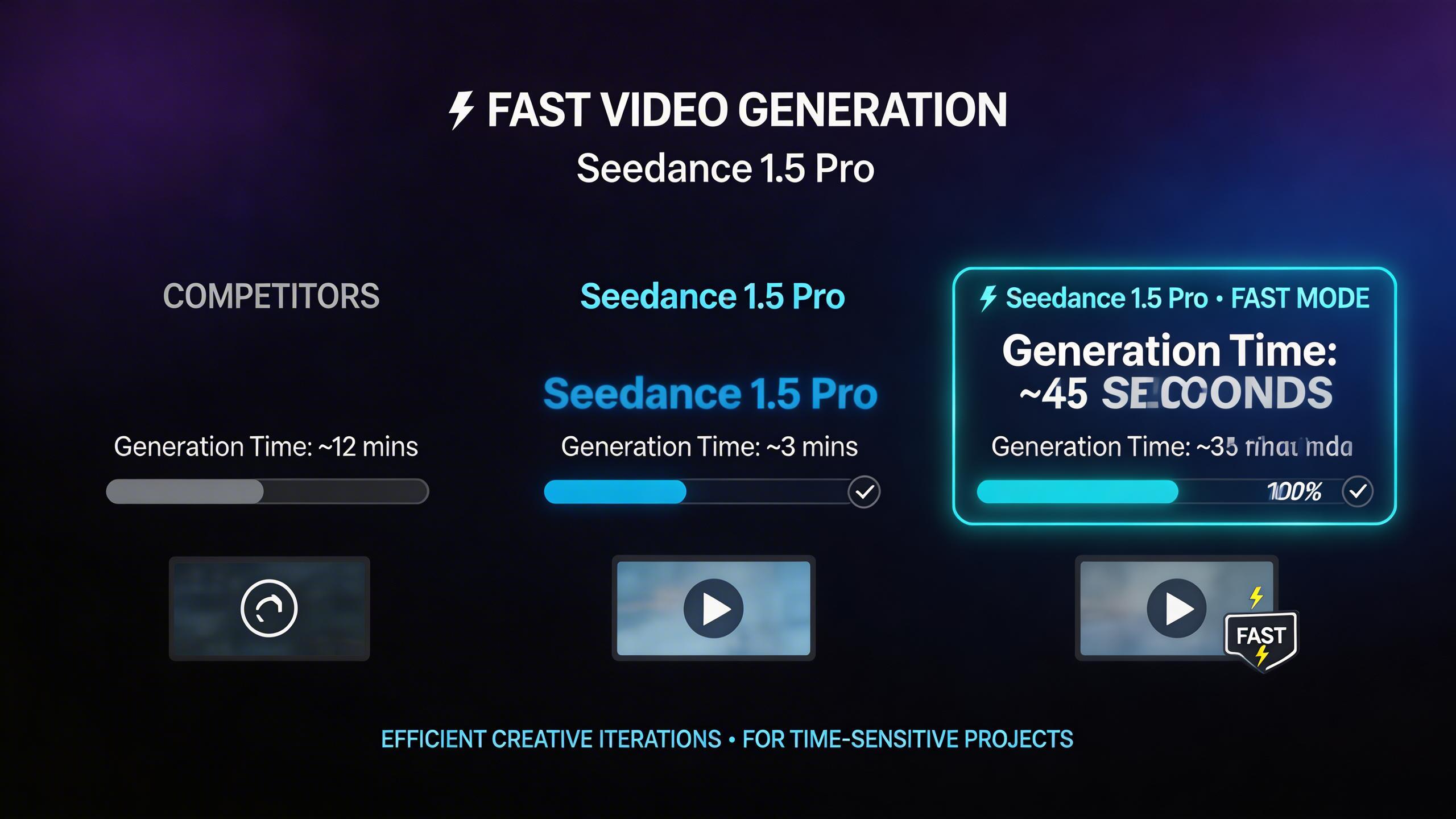 Generación Rápida de Video. Seedance 1.5 Pro ofrece tiempos de generación más rápidos que la competencia. El modo V1 Pro Fast proporciona resultados aún más rápidos para...