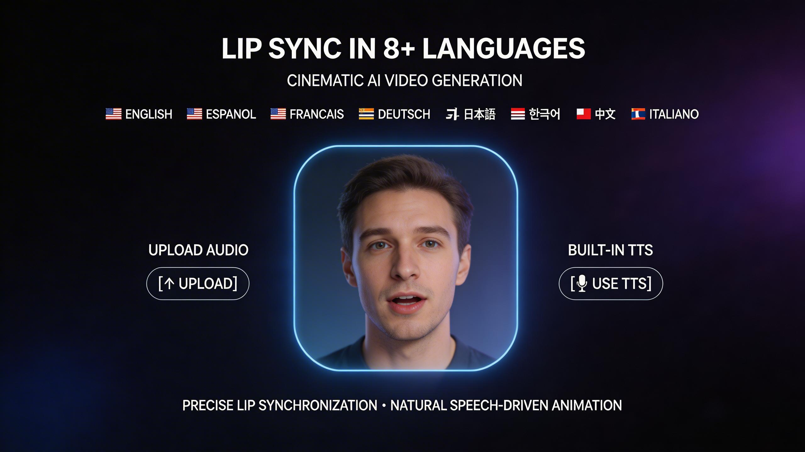 Lip Sync en 8+ Idiomas. Crea videos de talking head con sincronización labial precisa en más de 8 idiomas. Sube audio o usa TTS integrado para animaciones naturales.