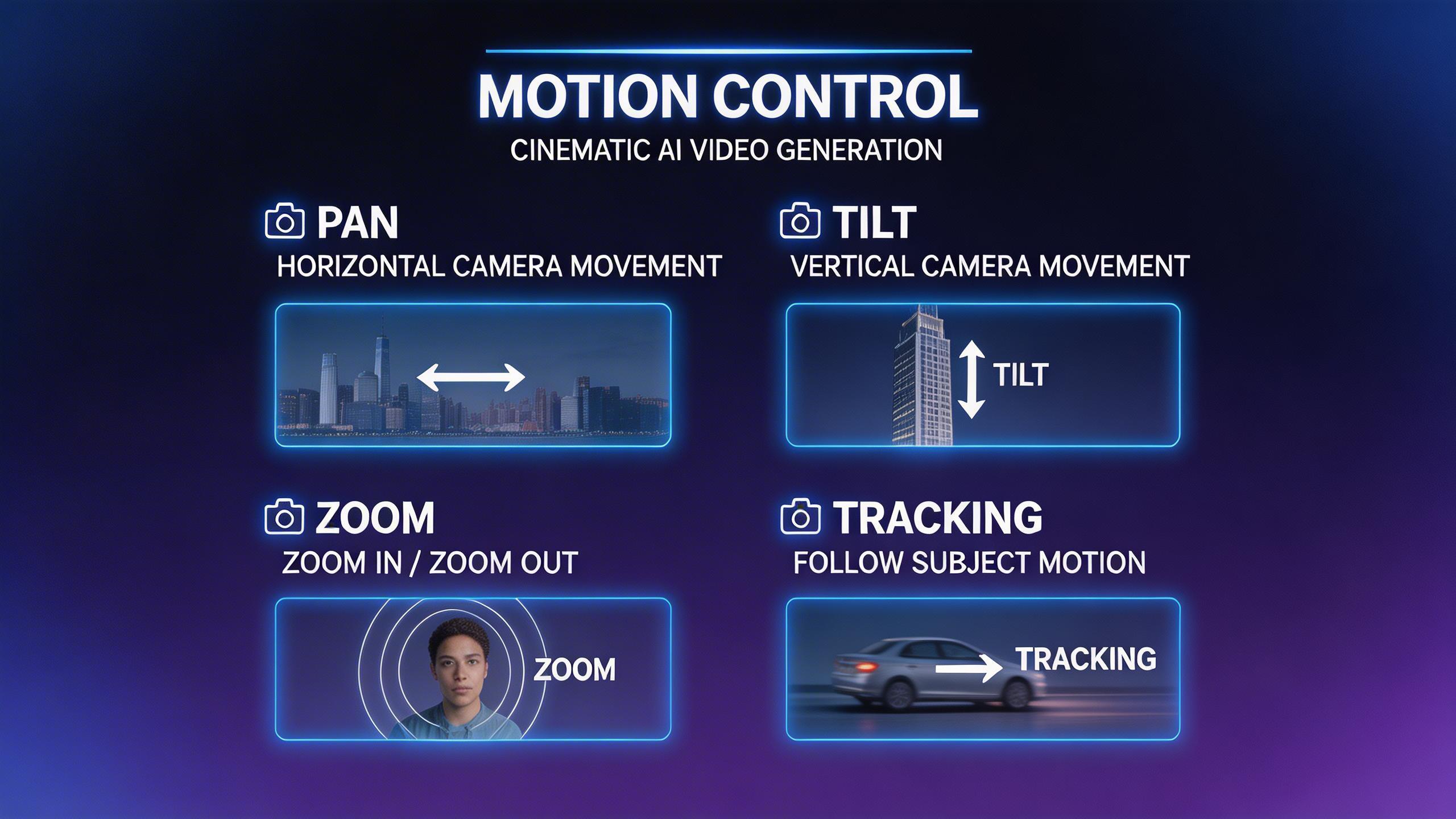 Control de Movimiento. Dirige el movimiento de cámara y sujeto con precisión. Especifica pan, tilt, zoom y tracking shots para cinematografía profesional.