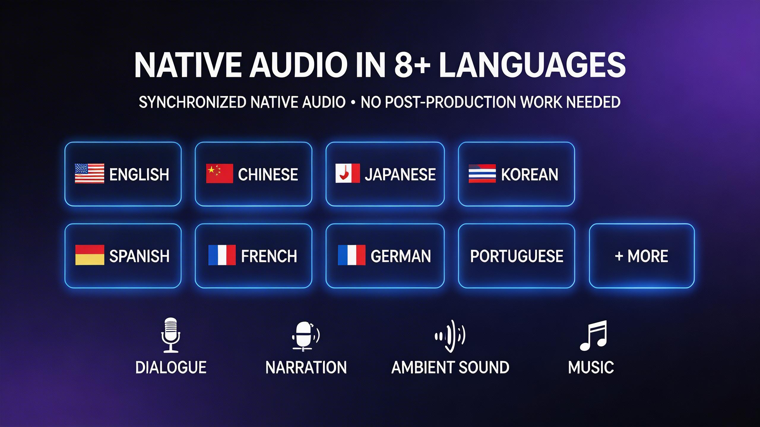 Audio Nativo en 8+ Idiomas. Genera audio sincronizado de forma nativa — diálogo, narración, sonido ambiental y música — en inglés, chino, japonés, coreano, español, francés,...