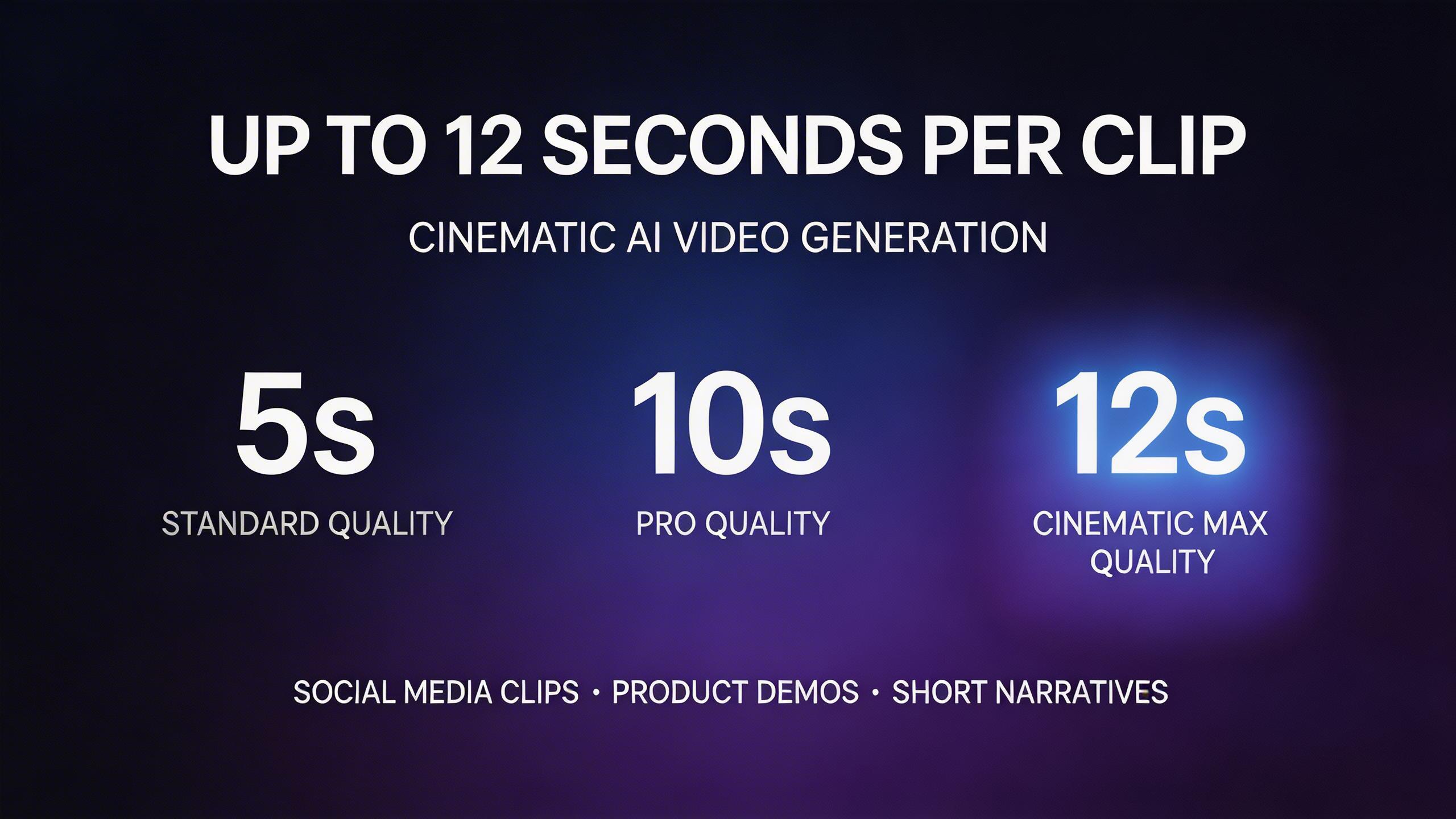 Hasta 12 Segundos por Clip. Genera videos de hasta 12 segundos — suficiente para clips de redes sociales, demos de productos y secuencias narrativas cortas.
