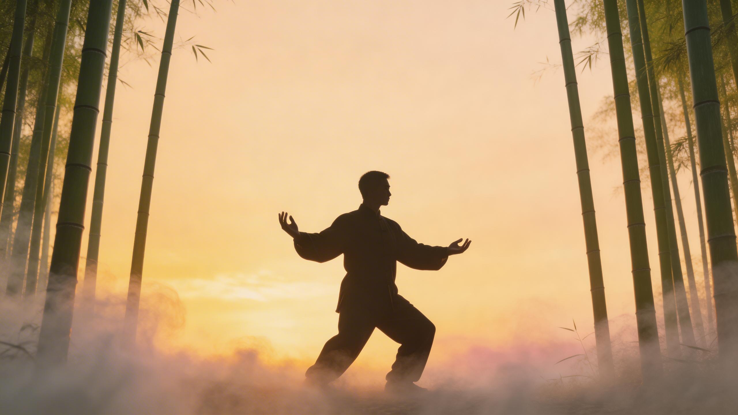 Good: Environmental Context. A tai chi practitioner moving through slow, flowing poses in a misty bamboo forest at dawn, camera at low angle capturing silhouette against...