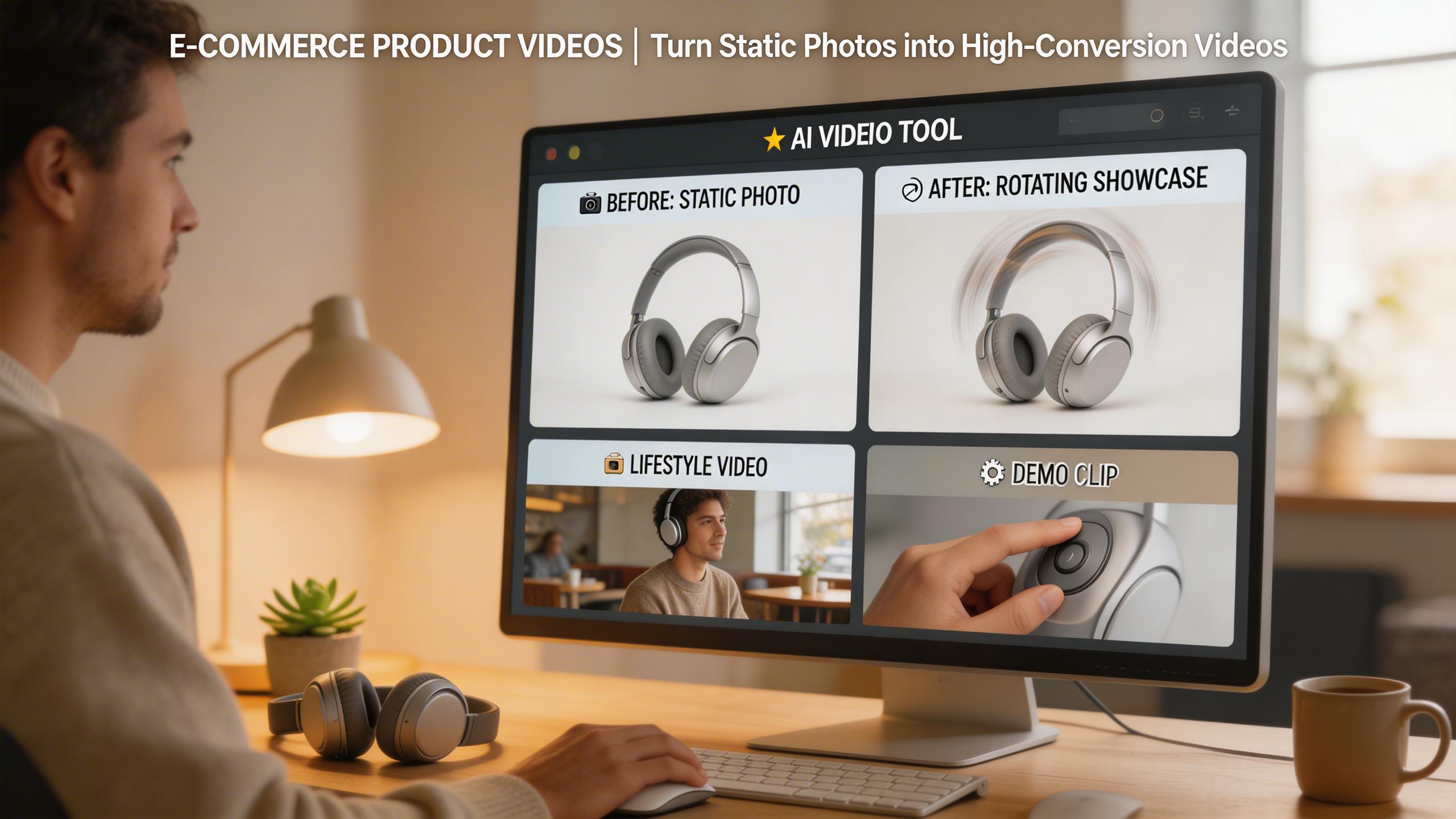 Videos de Productos E-Commerce. Convierte fotos de productos en showcases rotativos, videos lifestyle y clips demo que mejoran las tasas de conversión.. Vendedores E-Commerce