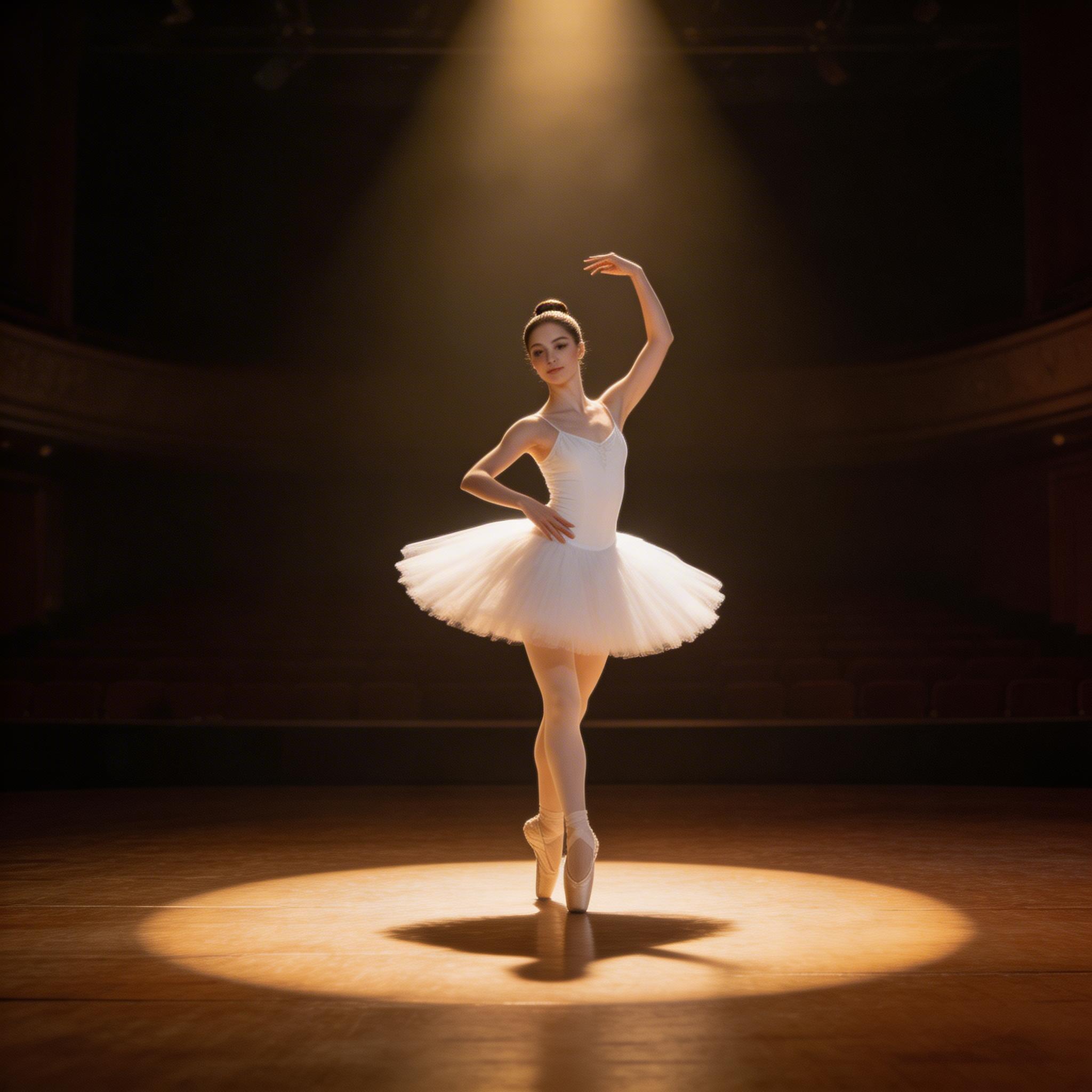 Good: Specific Movement. A ballet dancer in a white tutu performing a slow pirouette on a dimly lit stage, spotlight creating a halo effect, camera slowly orbits from profile...