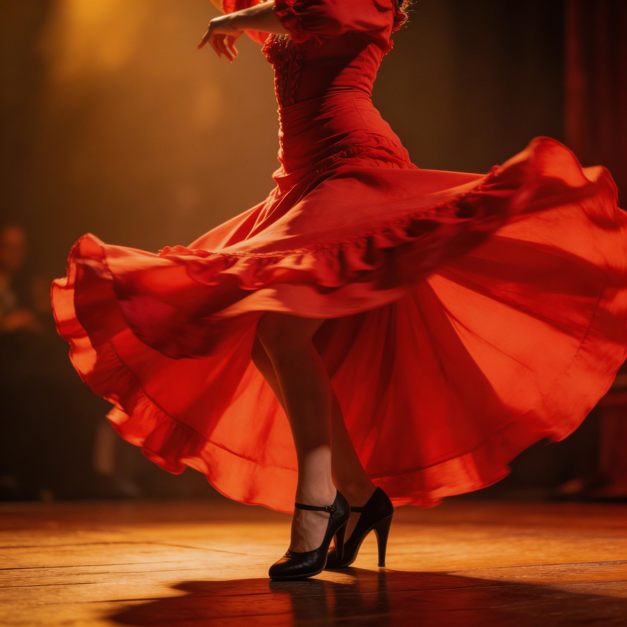 Good: Fabric + Physics. A flamenco dancer in a flowing red dress stomping rhythmically, dress fabric swirling dramatically with each turn, close-up on footwork then pulling...