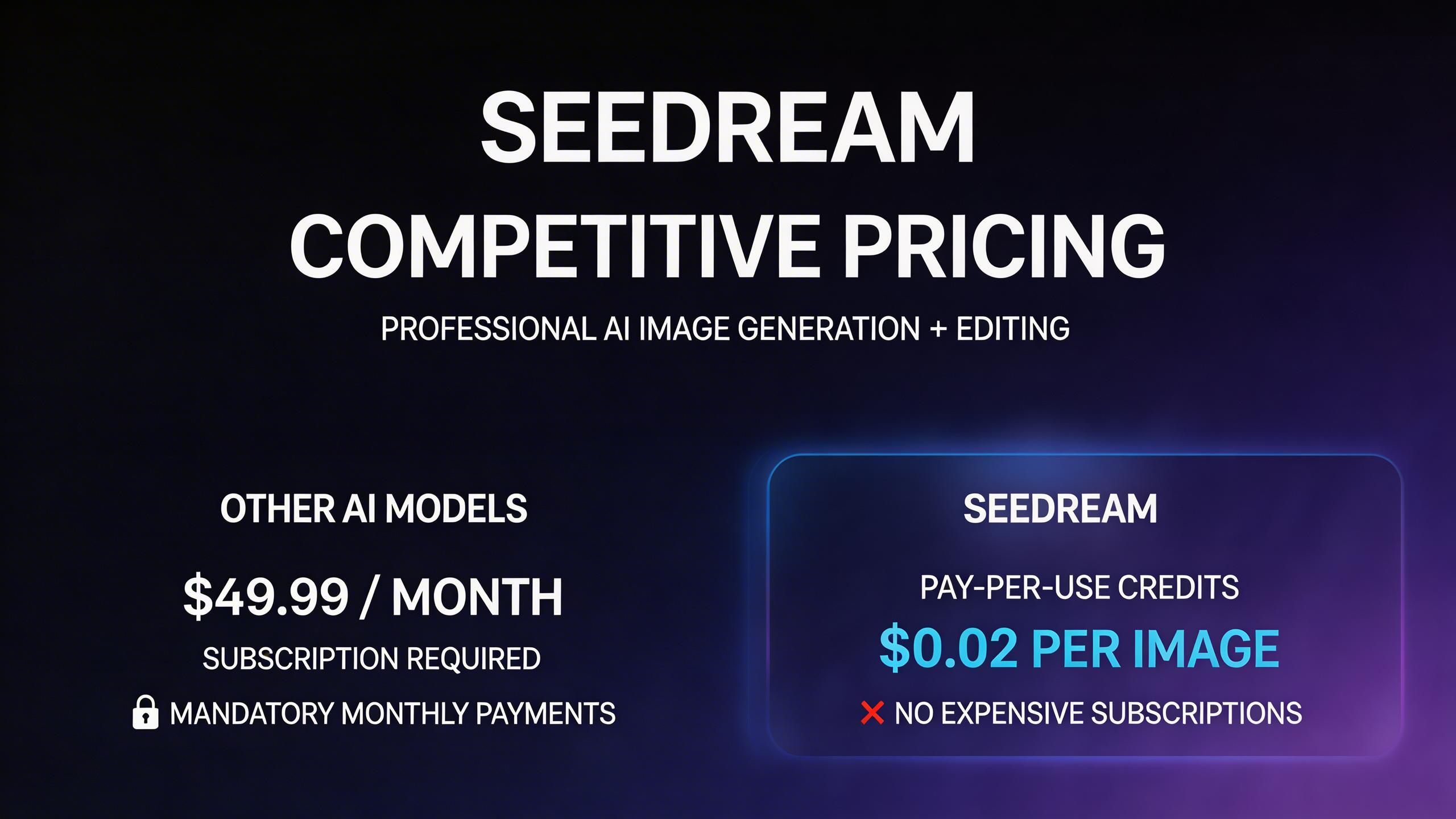 Competitive Pricing. Generate professional-quality images at a fraction of the cost of comparable models. Seedream offers excellent value with pay-per-use credits — no...
