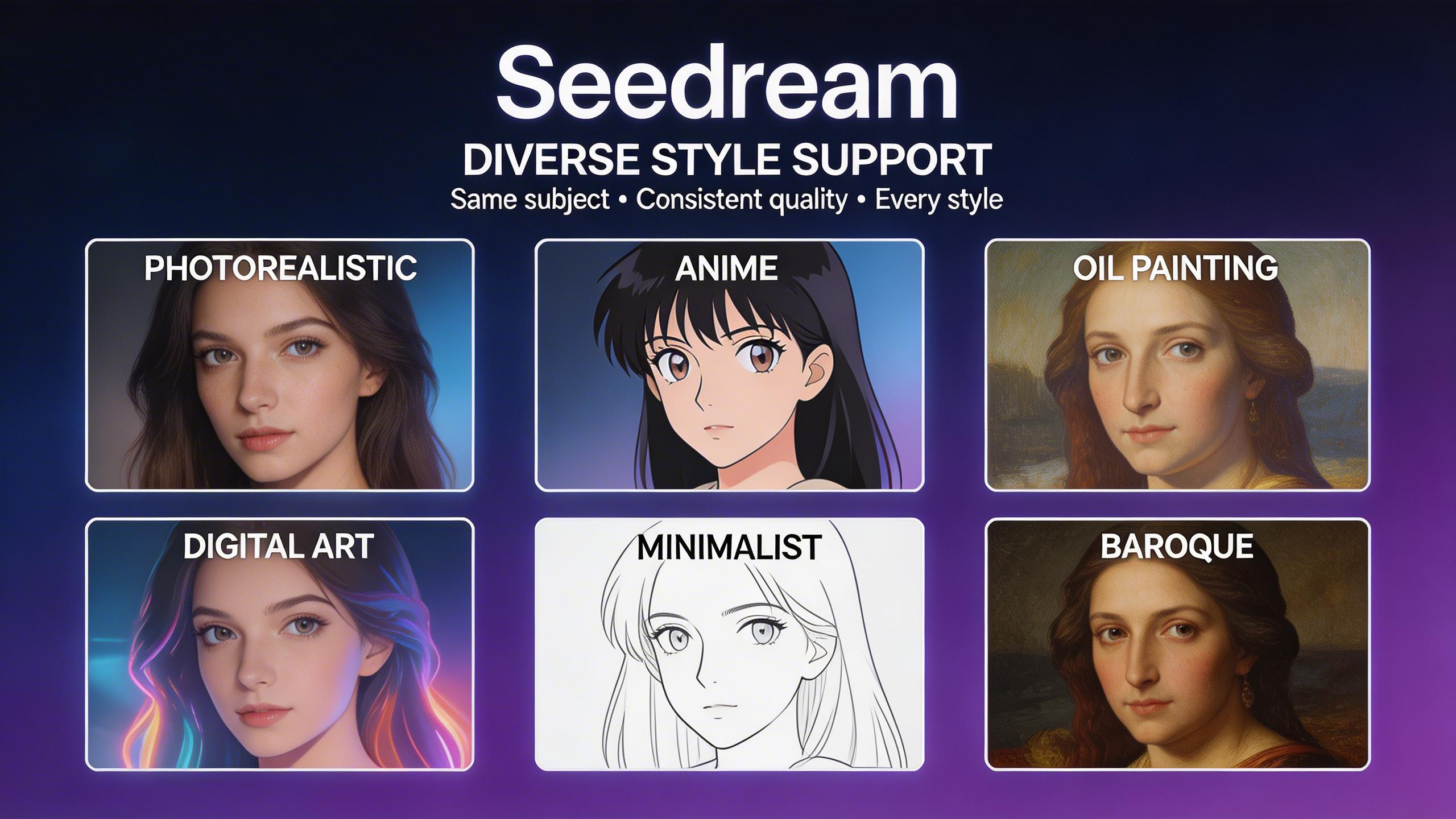 Diverse Style Support. From photorealistic to anime, oil painting to digital art, minimalist to baroque — Seedream adapts to your creative vision with broad style coverage and...