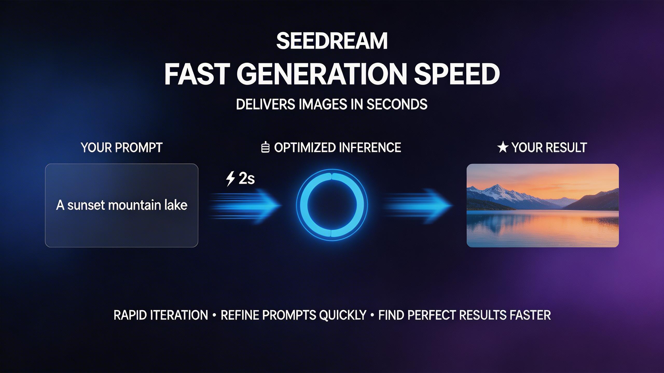 Fast Generation Speed. Seedream delivers images in seconds with optimized inference pipelines. Rapid iteration means you can experiment freely, refine prompts quickly, and...